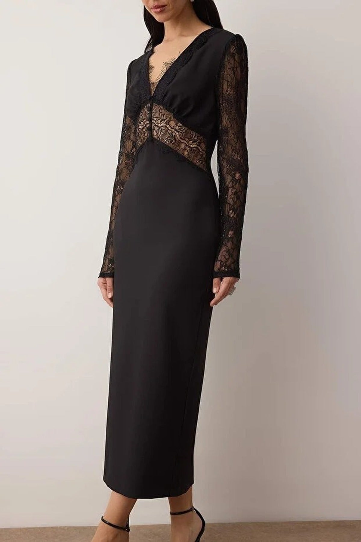 Lace Detailed Woven Finike Midi Unlined Evening Dress