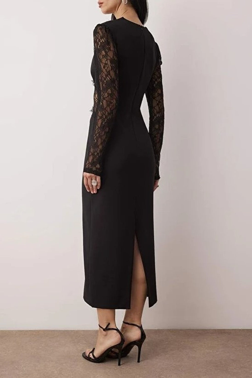 Lace Detailed Woven Finike Midi Unlined Evening Dress