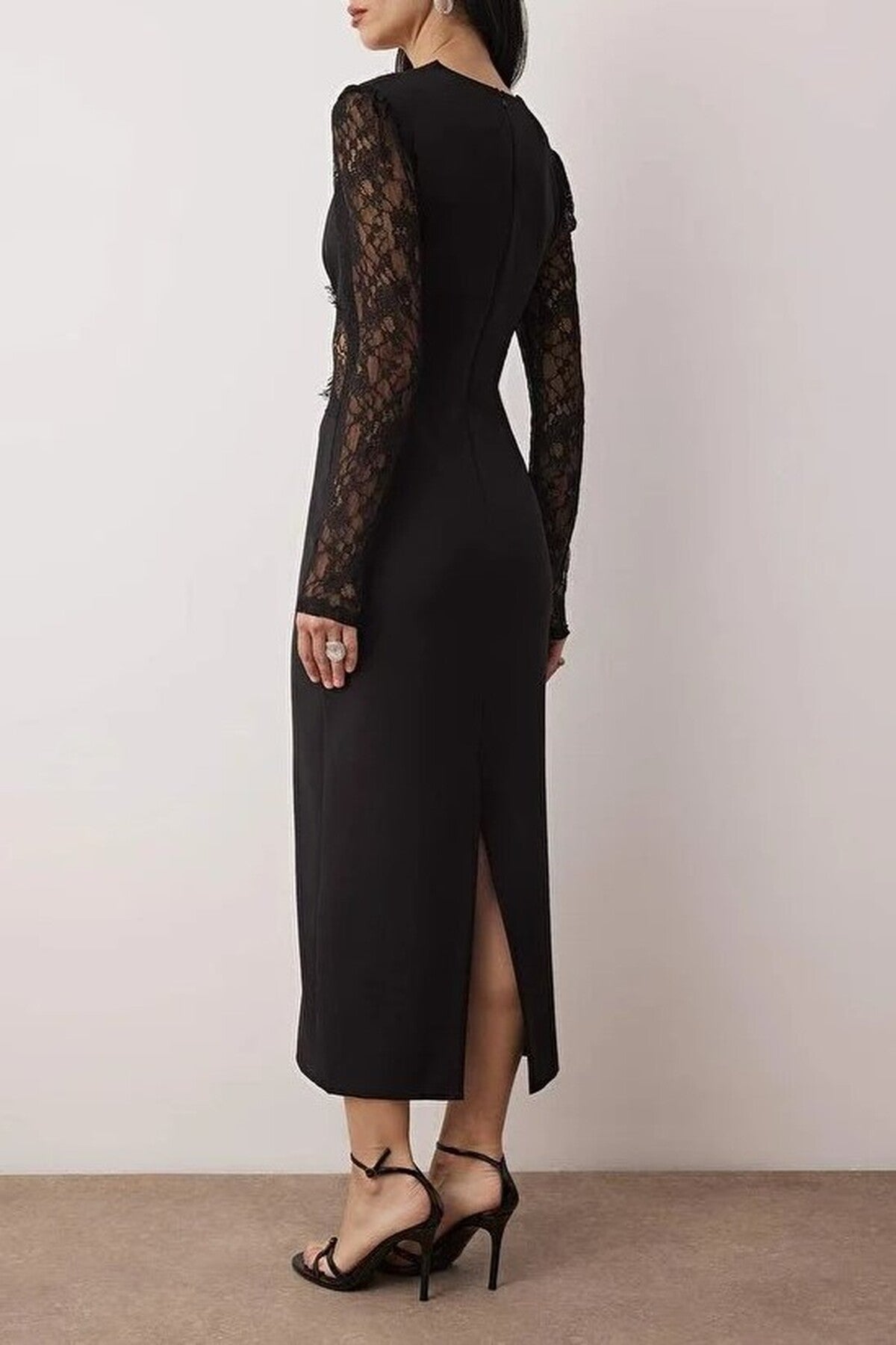 Lace Detailed Woven Finike Midi Unlined Evening Dress