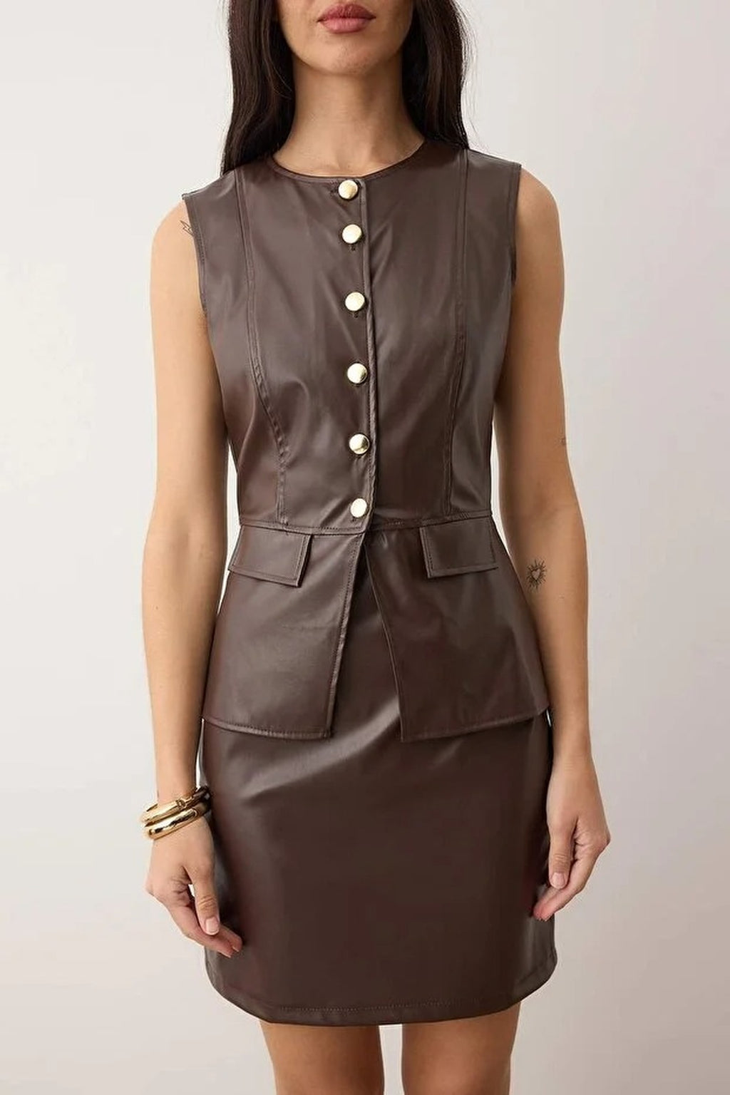 Body-Hugging Faux Leather Buttoned Mini Woven Dress