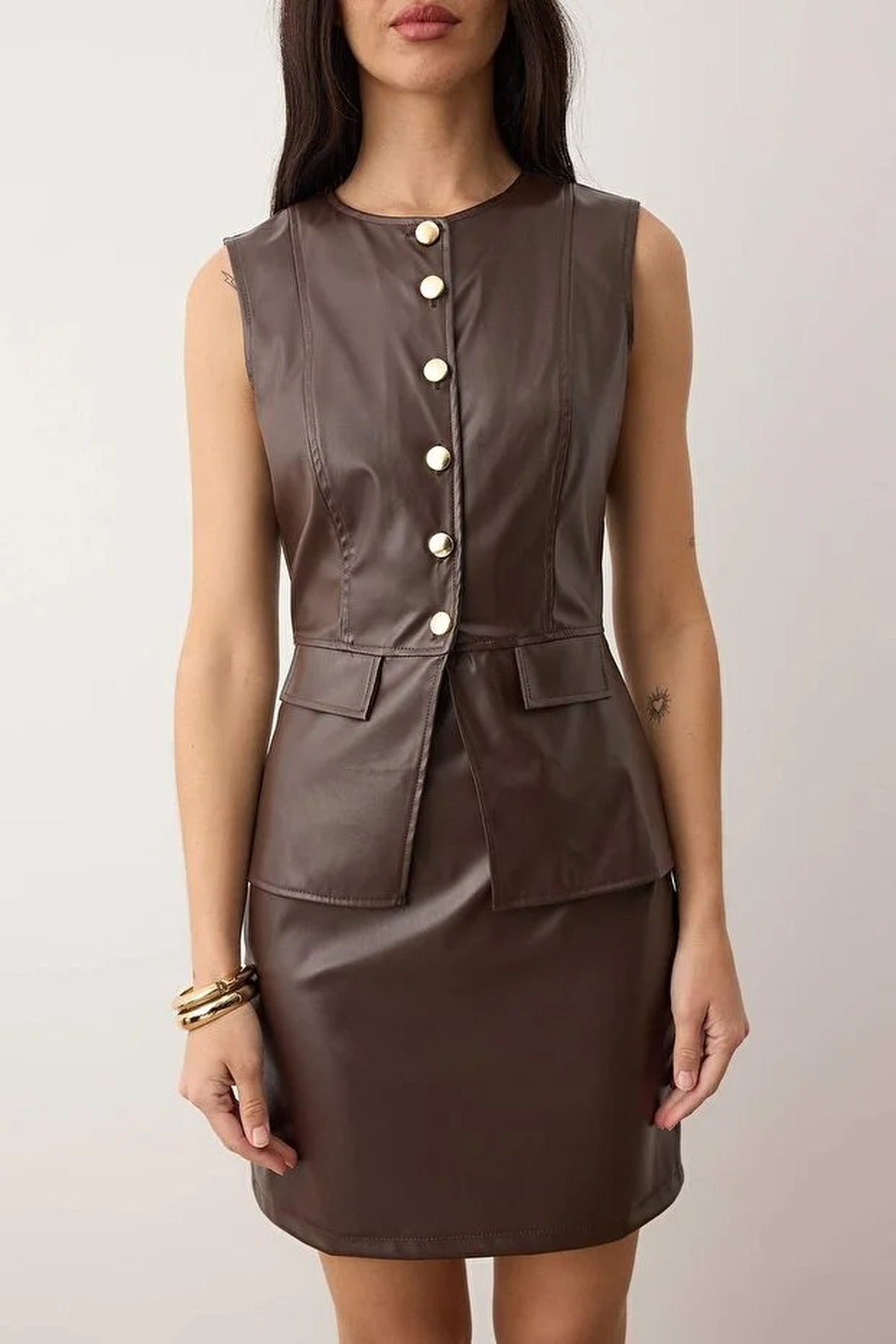 Body-Hugging Faux Leather Buttoned Mini Woven Dress
