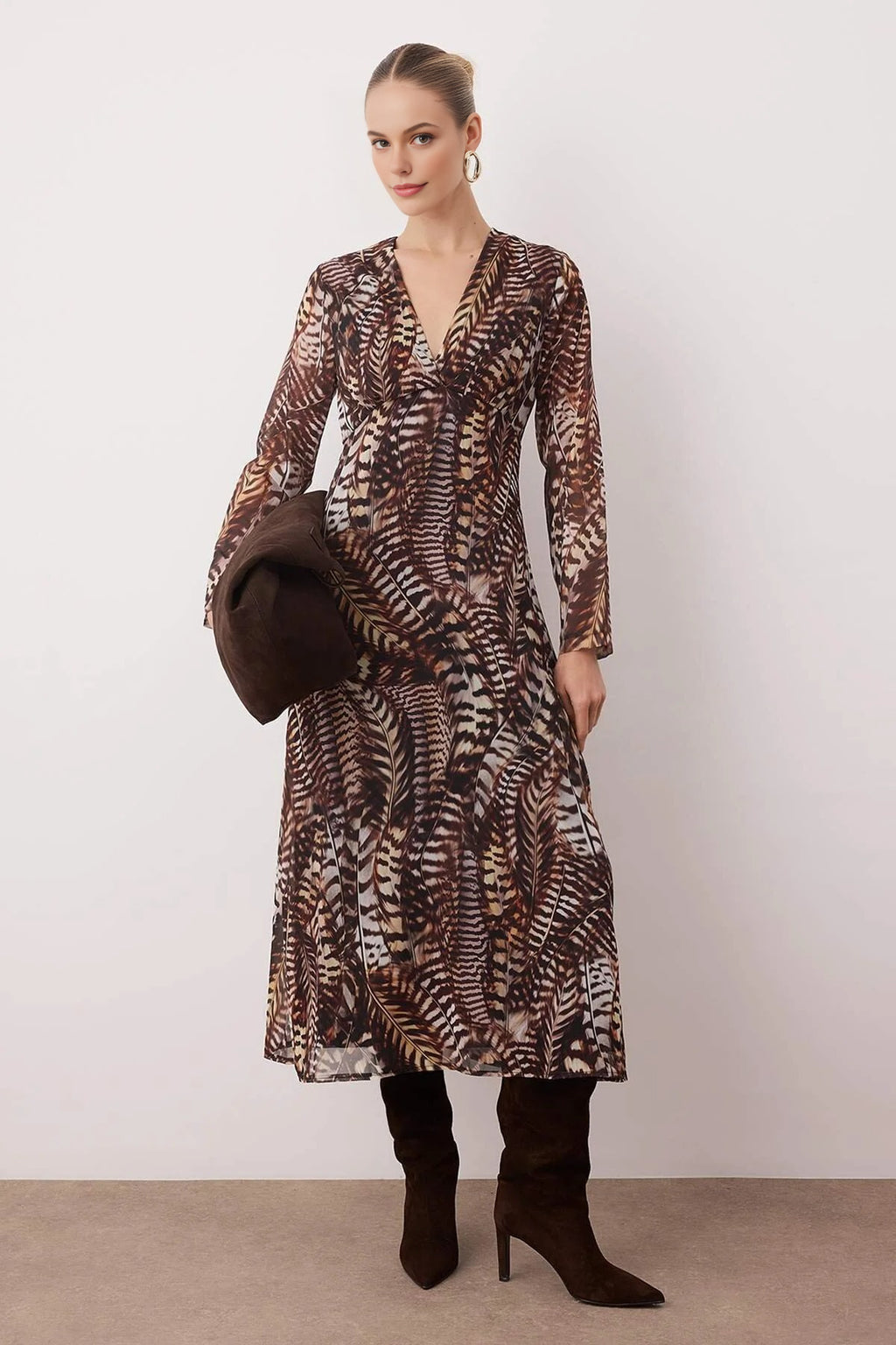 Animal Pattern V-Neck A-Line Maxi Woven Dress