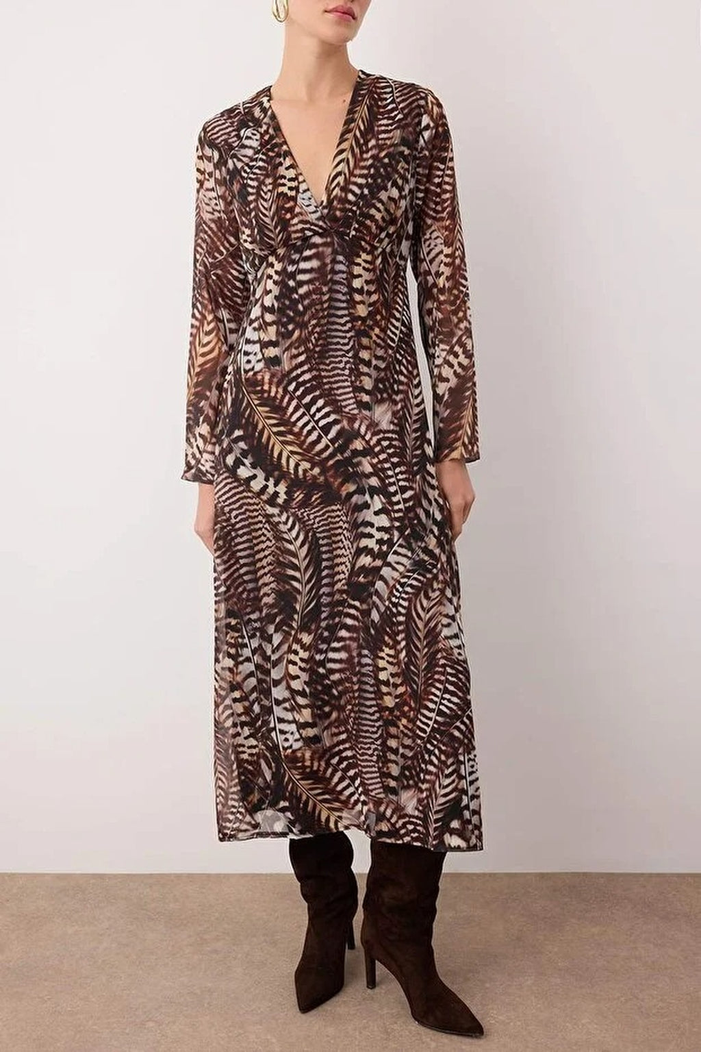 Animal Pattern V-Neck A-Line Maxi Woven Dress