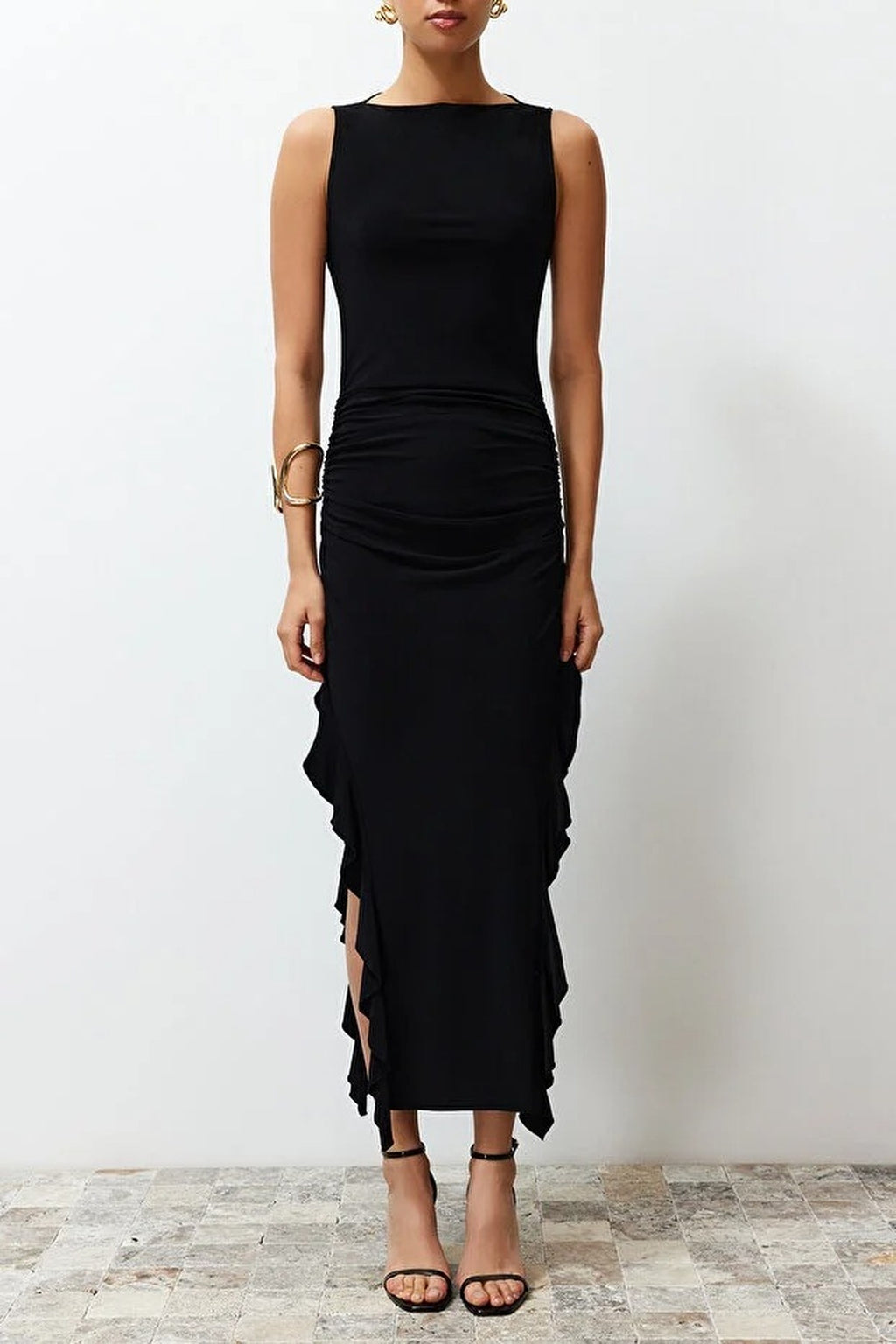 Bodycone Sleeveless Maxi Pencil Dress with Slit and Ruffle Detail