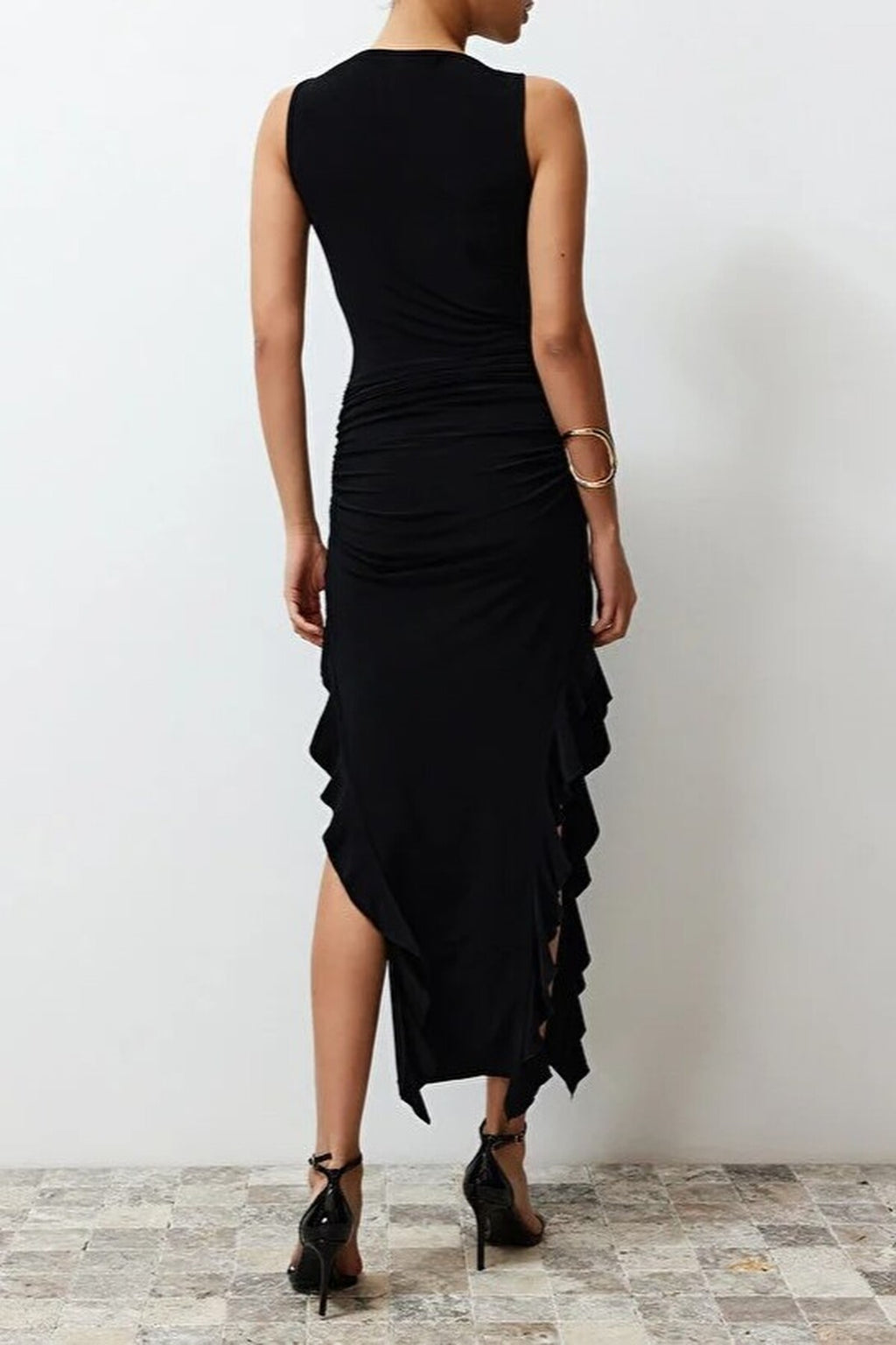 Bodycone Sleeveless Maxi Pencil Dress with Slit and Ruffle Detail