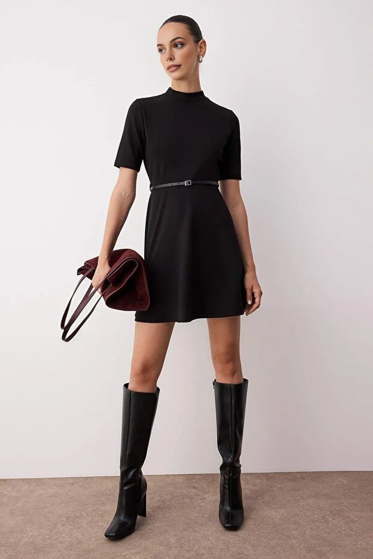 Stand Collar Skater Mini Knit Dress