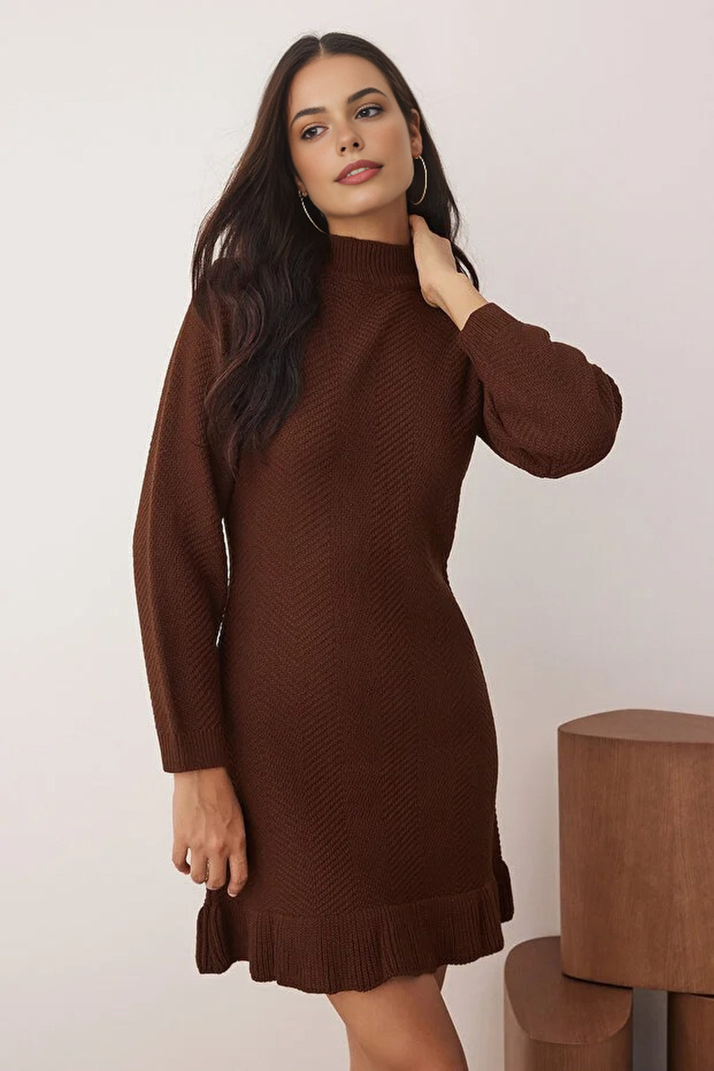 Mini Ruffle Stand Collar Knit Dress