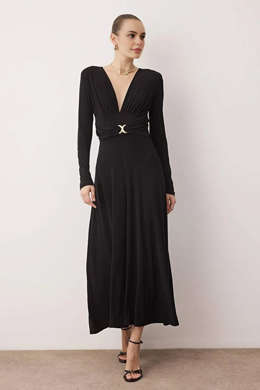 Padded V-Neck Knit Dress with Accessory Details