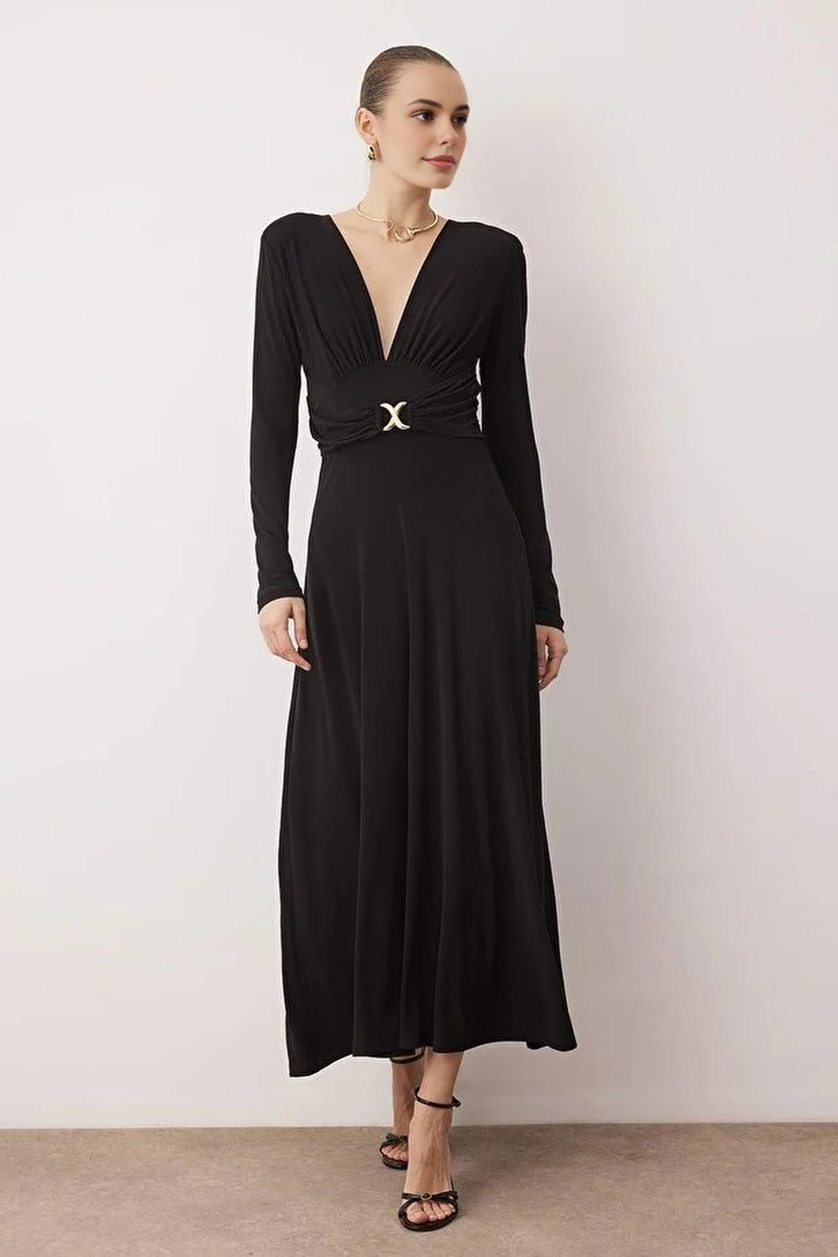 Padded V-Neck Knit Dress with Accessory Details