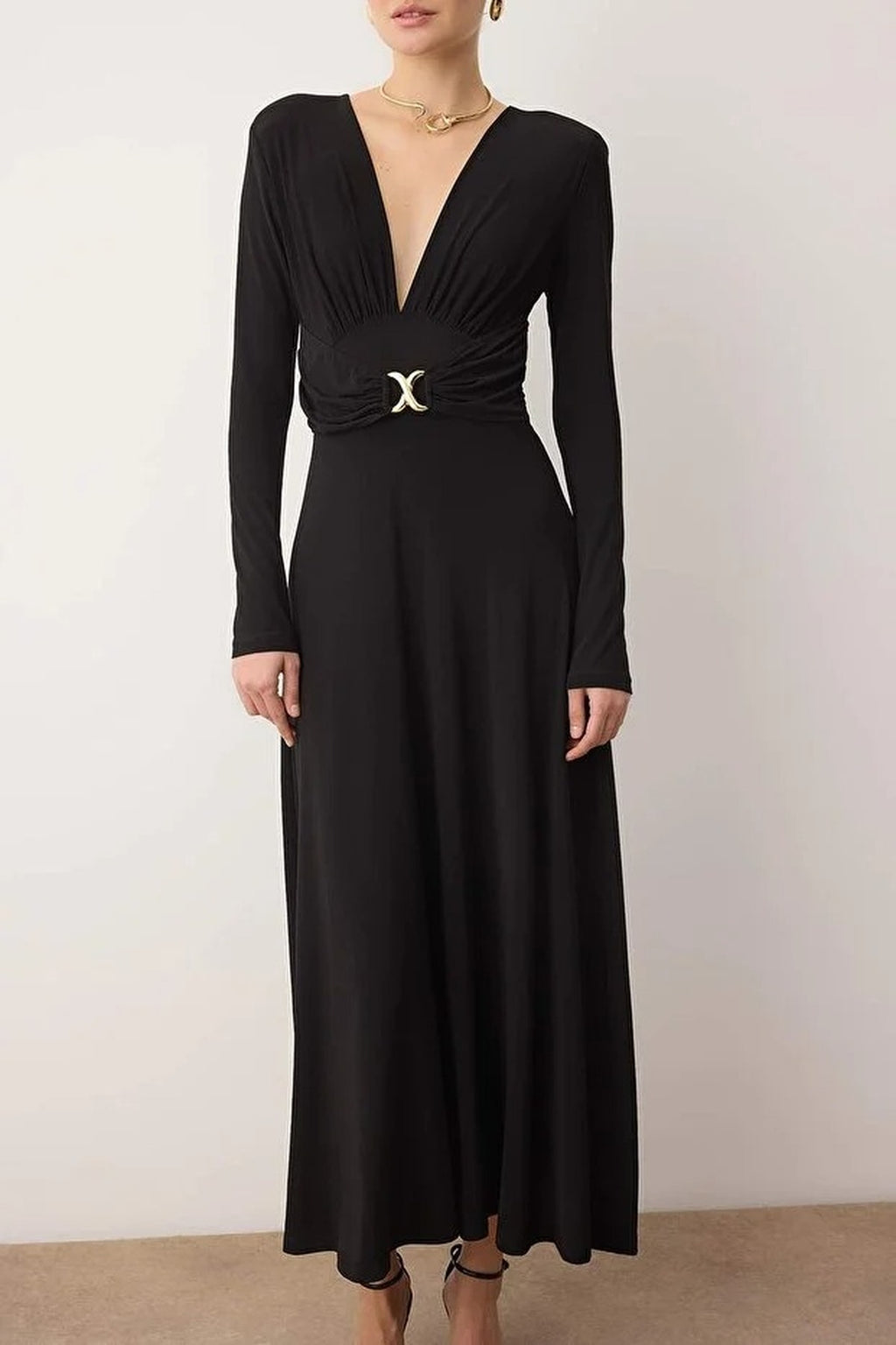 Padded V-Neck Knit Dress with Accessory Details