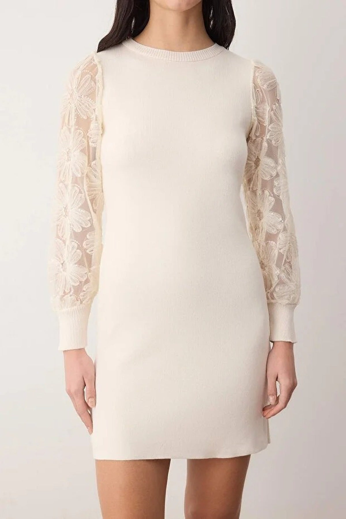 Mini Knit Dress with Floral Embroidery on Sleeves