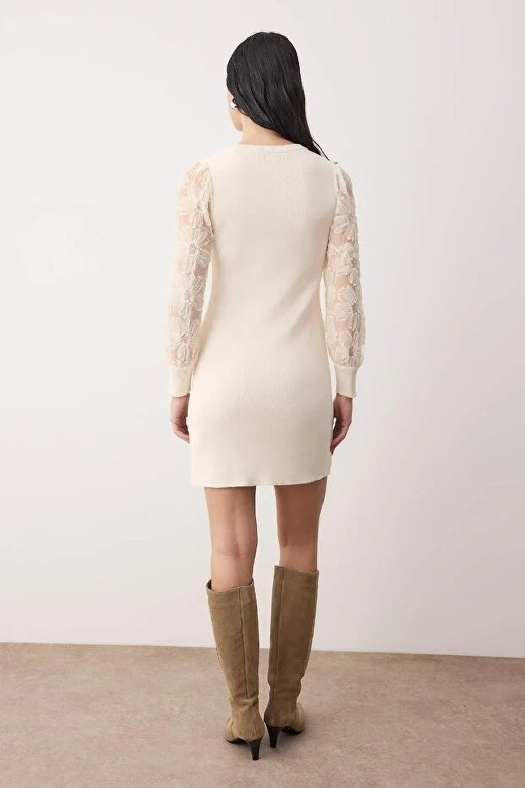 Mini Knit Dress with Floral Embroidery on Sleeves