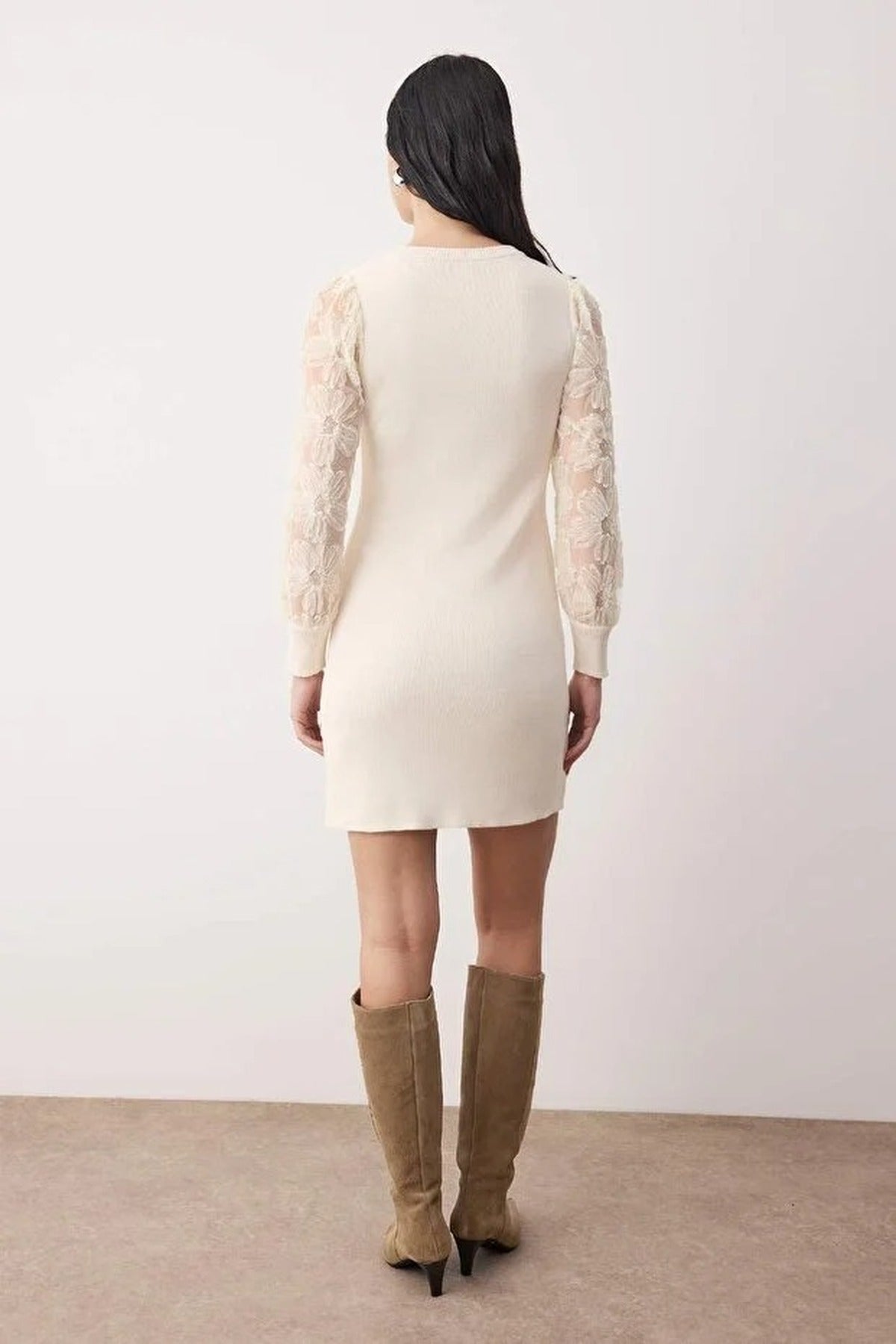 Mini Knit Dress with Floral Embroidery on Sleeves
