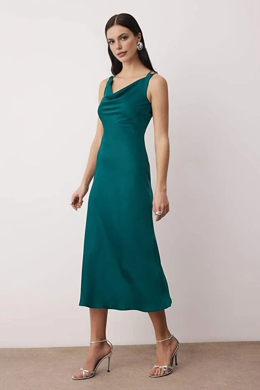 Woven Satin Midi Evening Dress with Stone Embellishments
