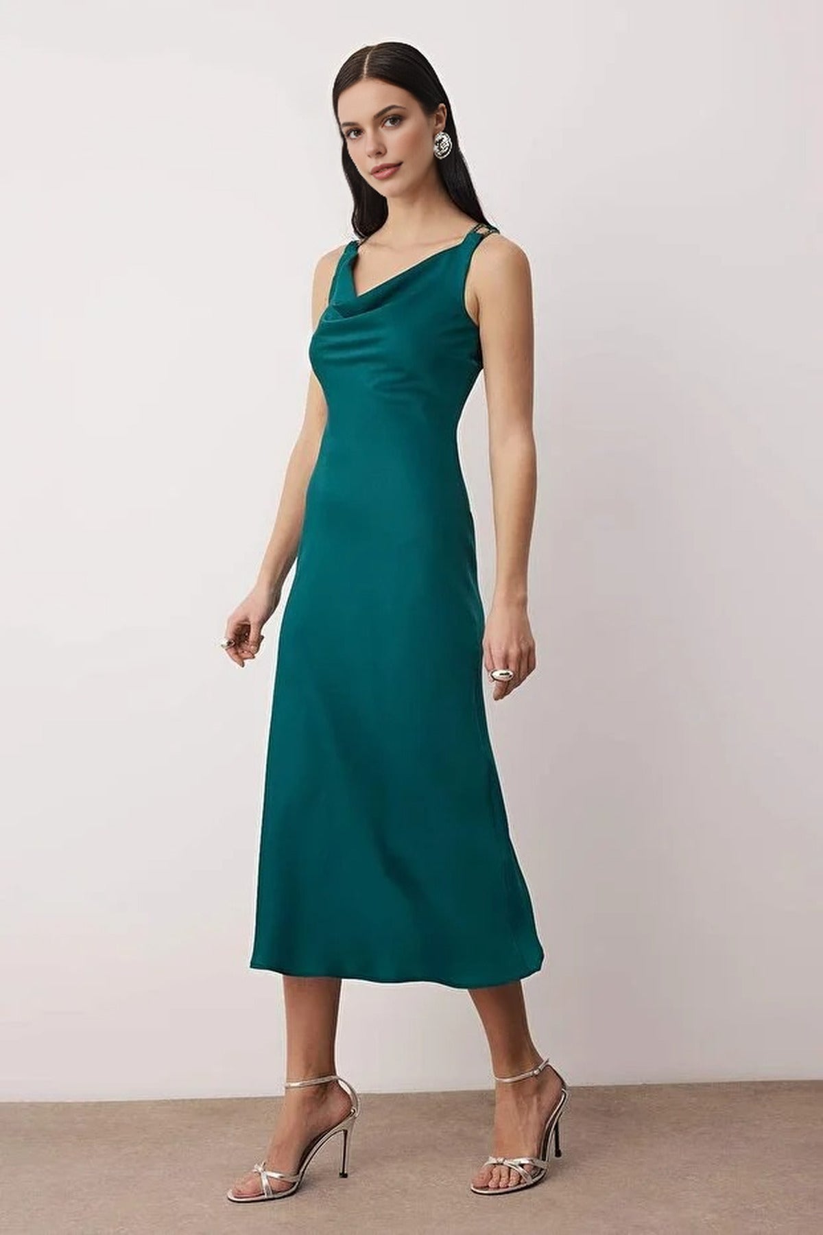Woven Satin Midi Evening Dress with Stone Embellishments