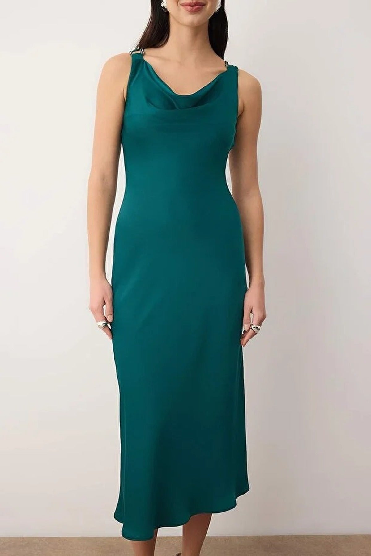 Woven Satin Midi Evening Dress with Stone Embellishments