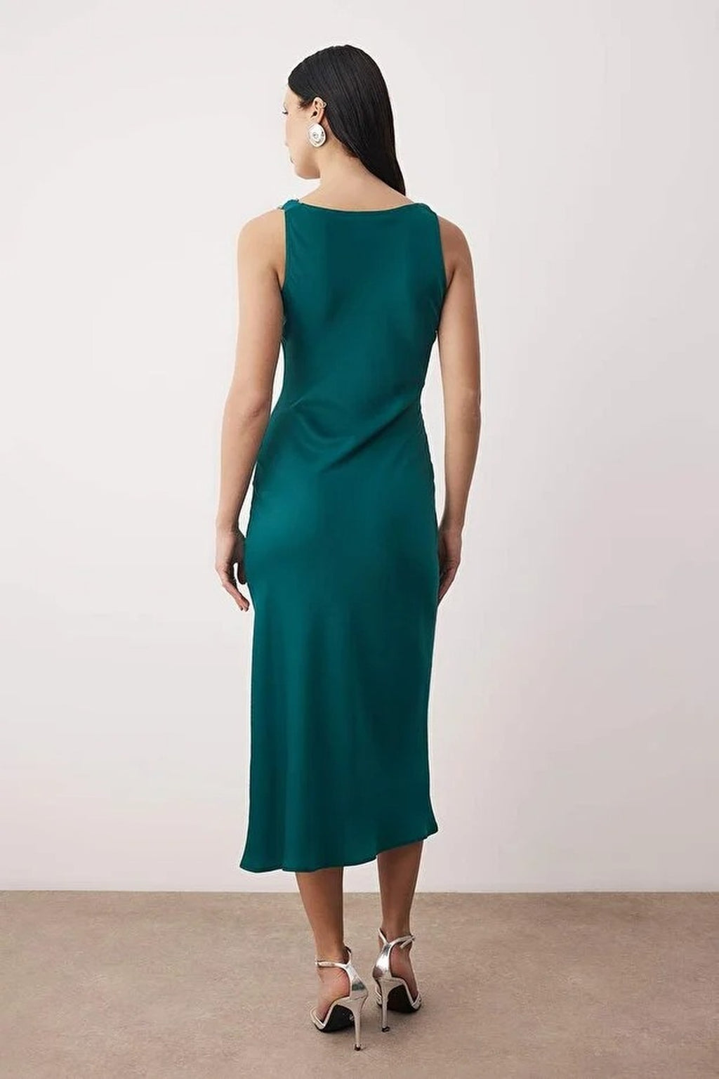 Woven Satin Midi Evening Dress with Stone Embellishments