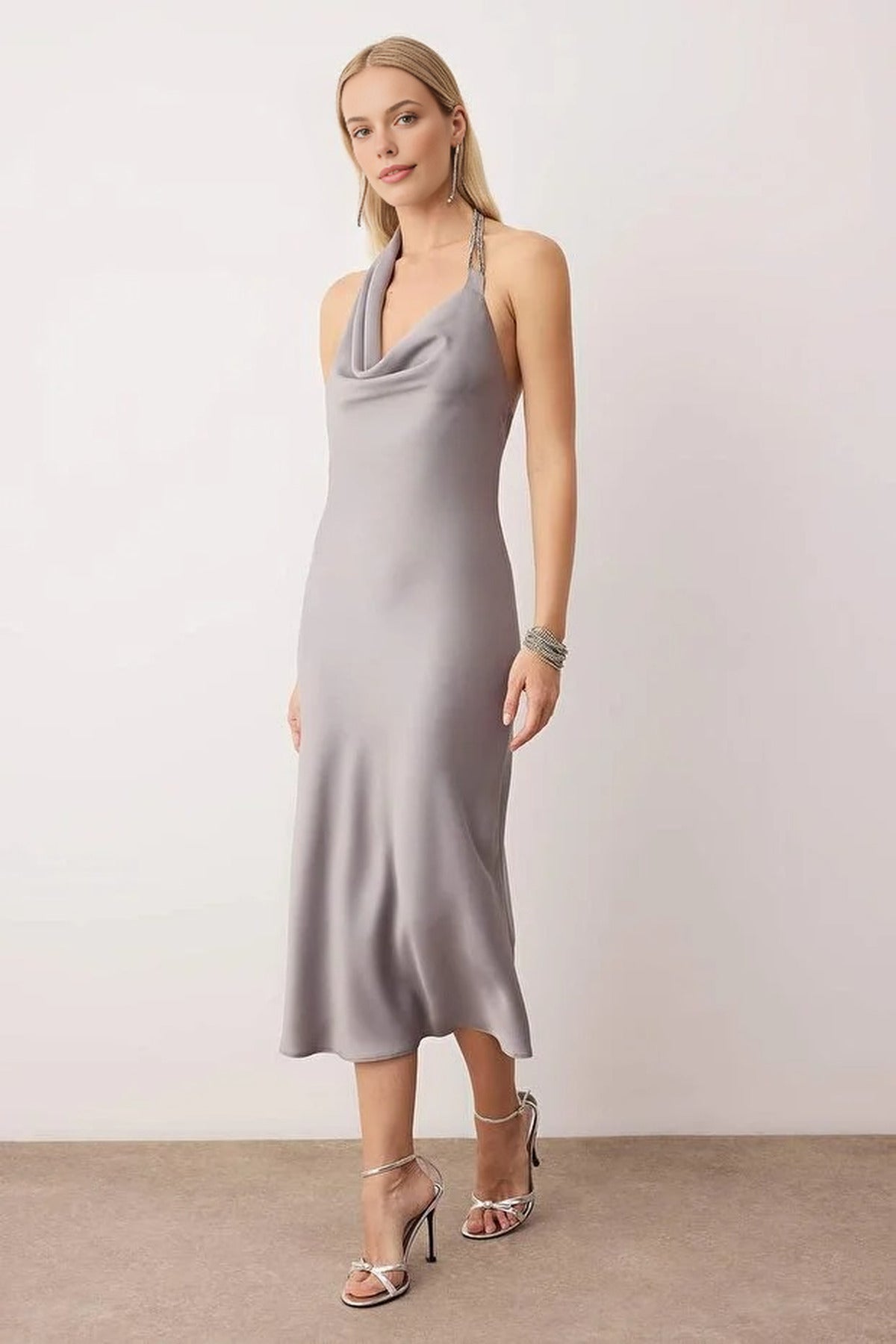 Woven Satin Midi Unlined Evening Dress with Stone Accessory Details
