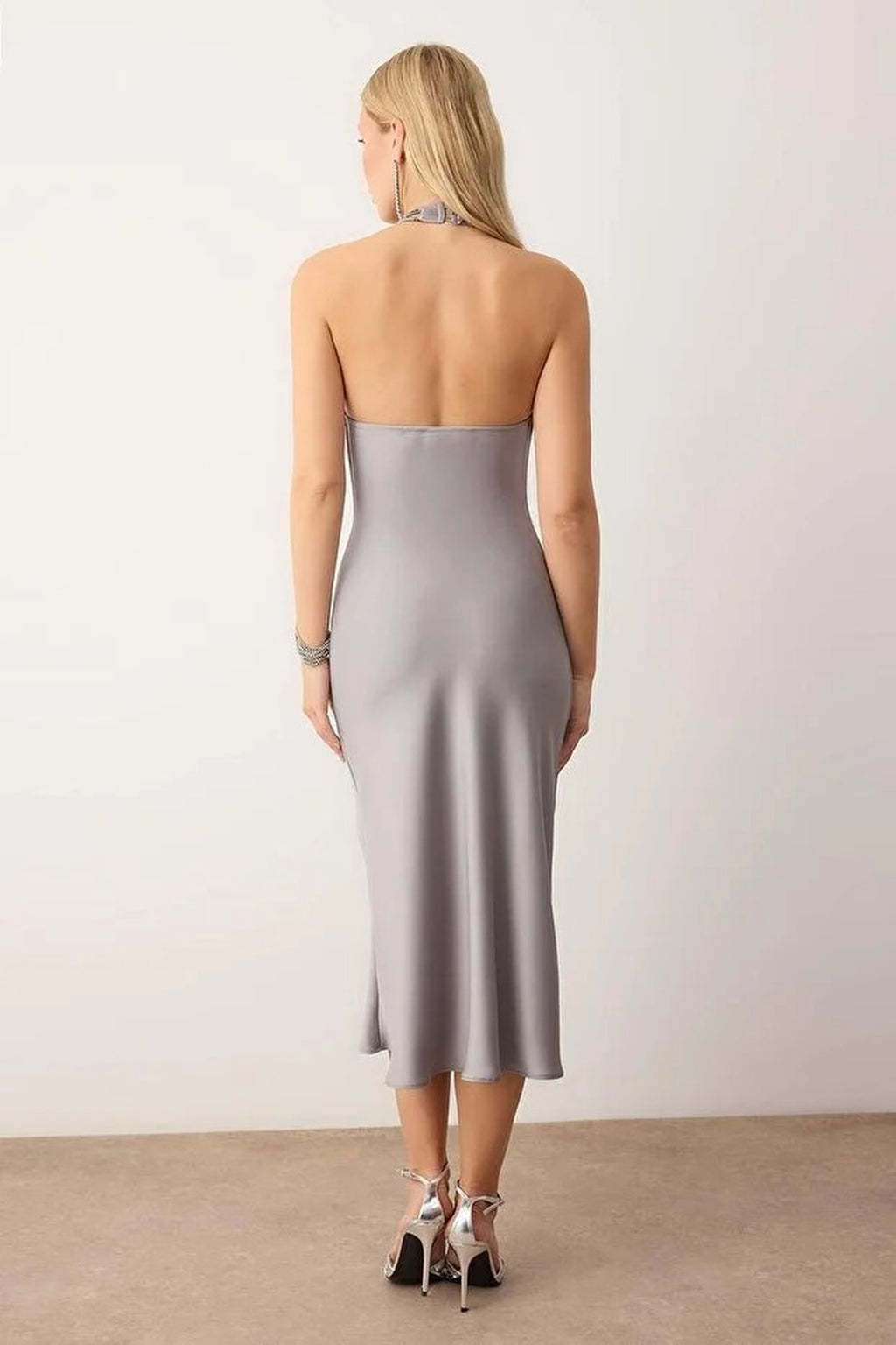Woven Satin Midi Unlined Evening Dress with Stone Accessory Details