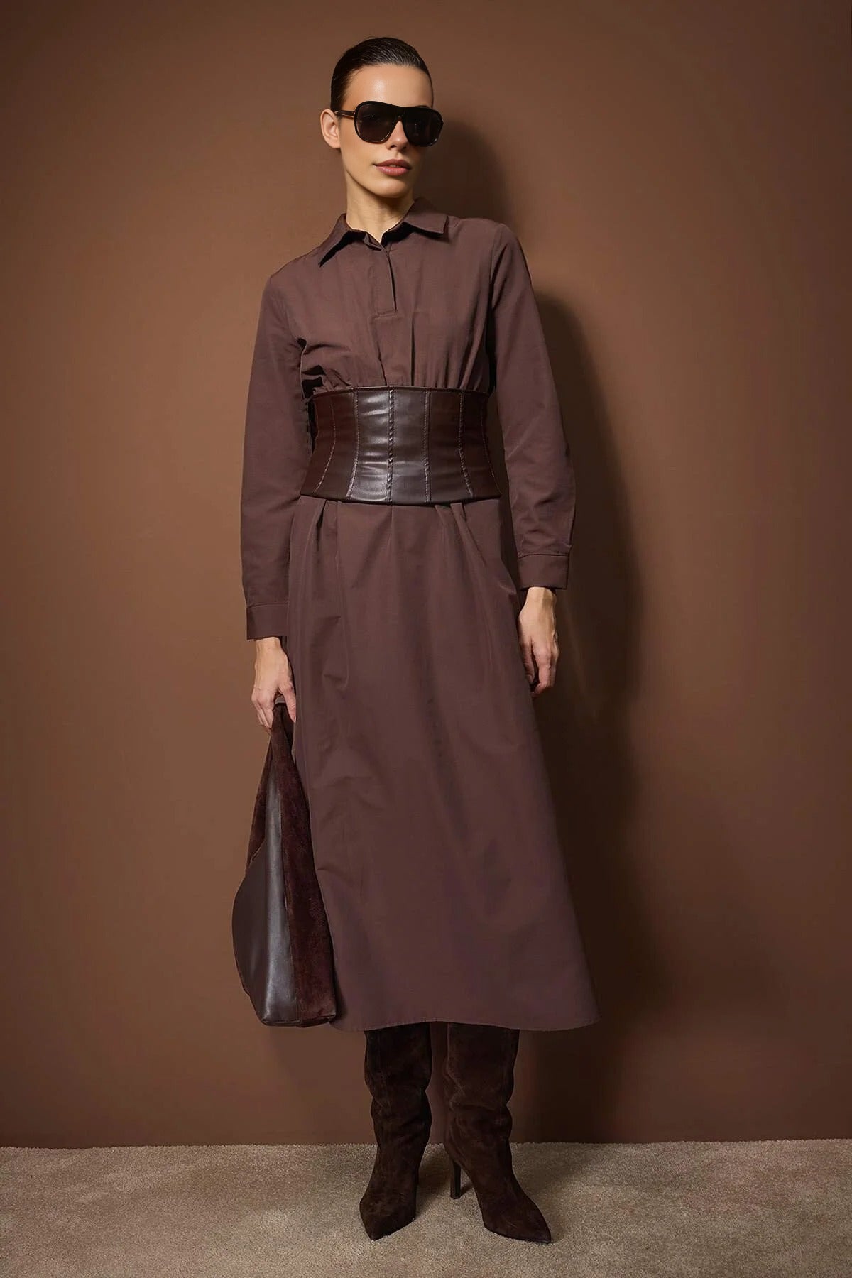 Leather Corset Belted Woven Dress