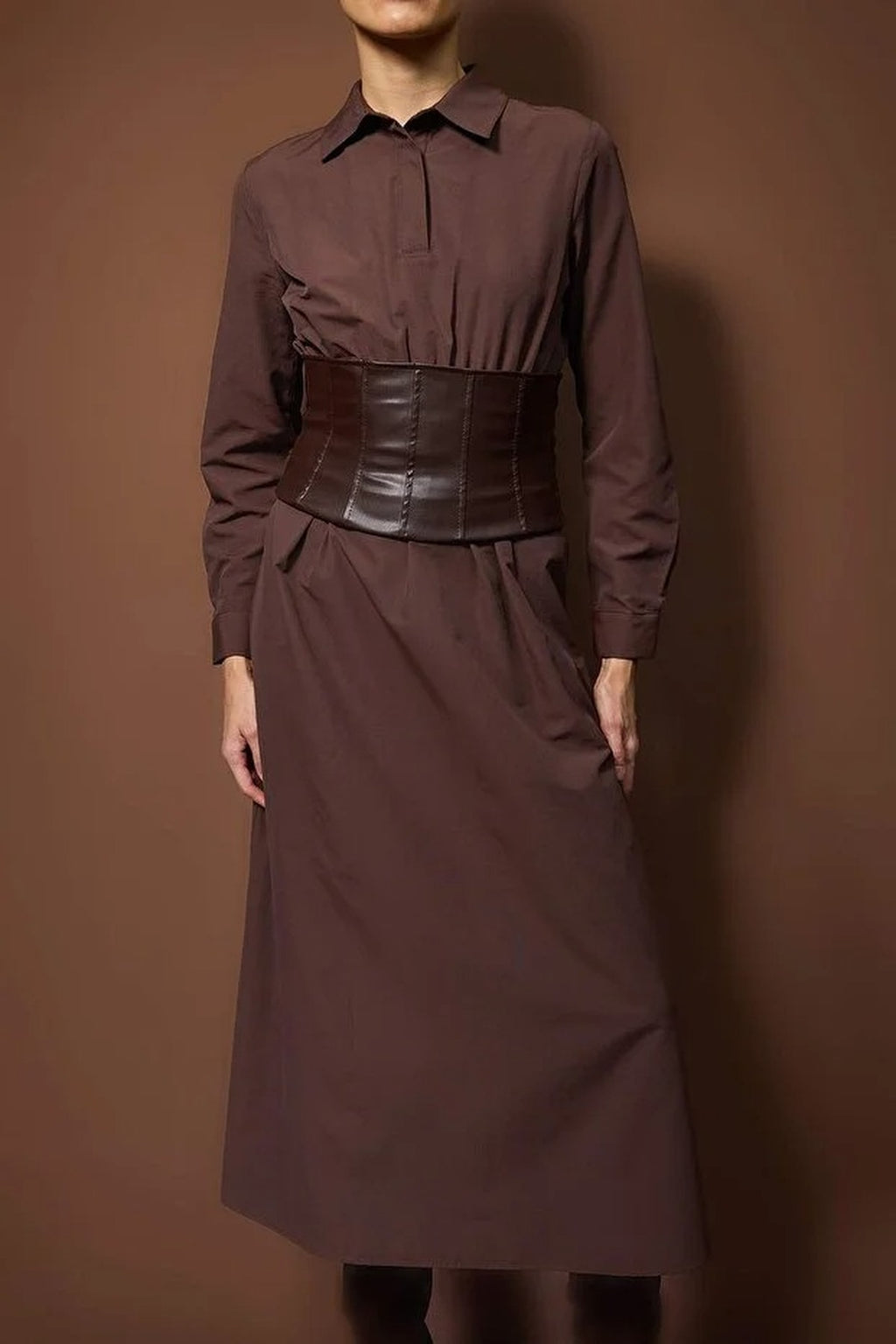 Leather Corset Belted Woven Dress