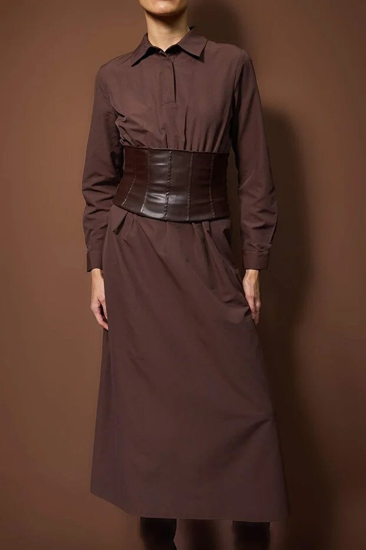 Leather Corset Belted Woven Dress