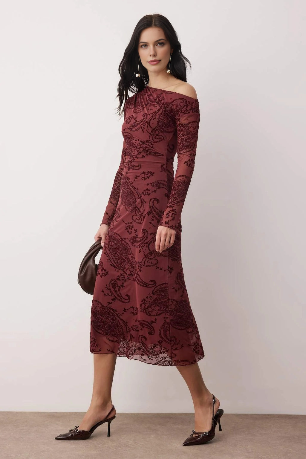 Dropped Sleeve Bodycon Flocked Tulle Midi Knit Dress