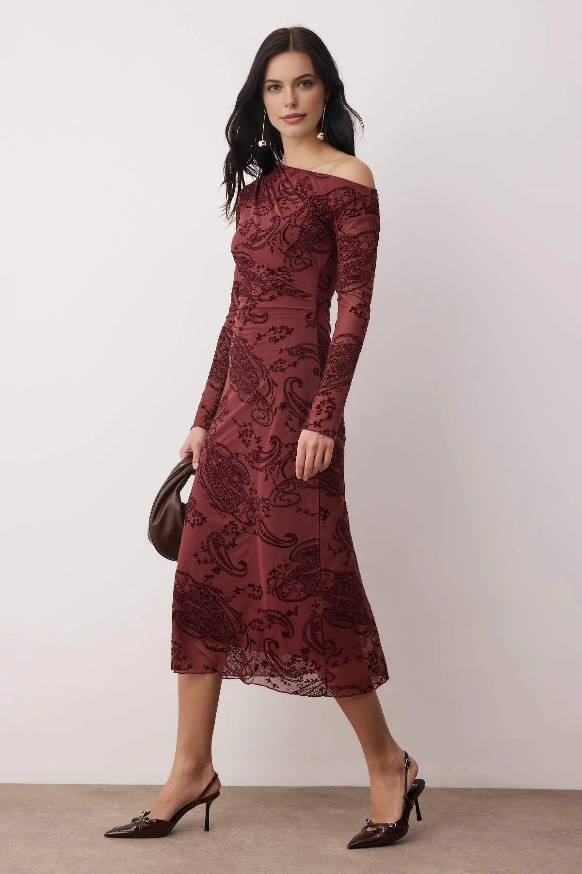 Dropped Sleeve Bodycon Flocked Tulle Midi Knit Dress
