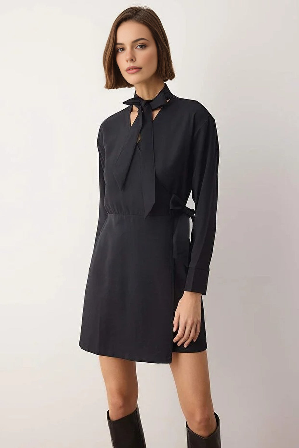 Woven Mini Dress with Tie Neck Detail