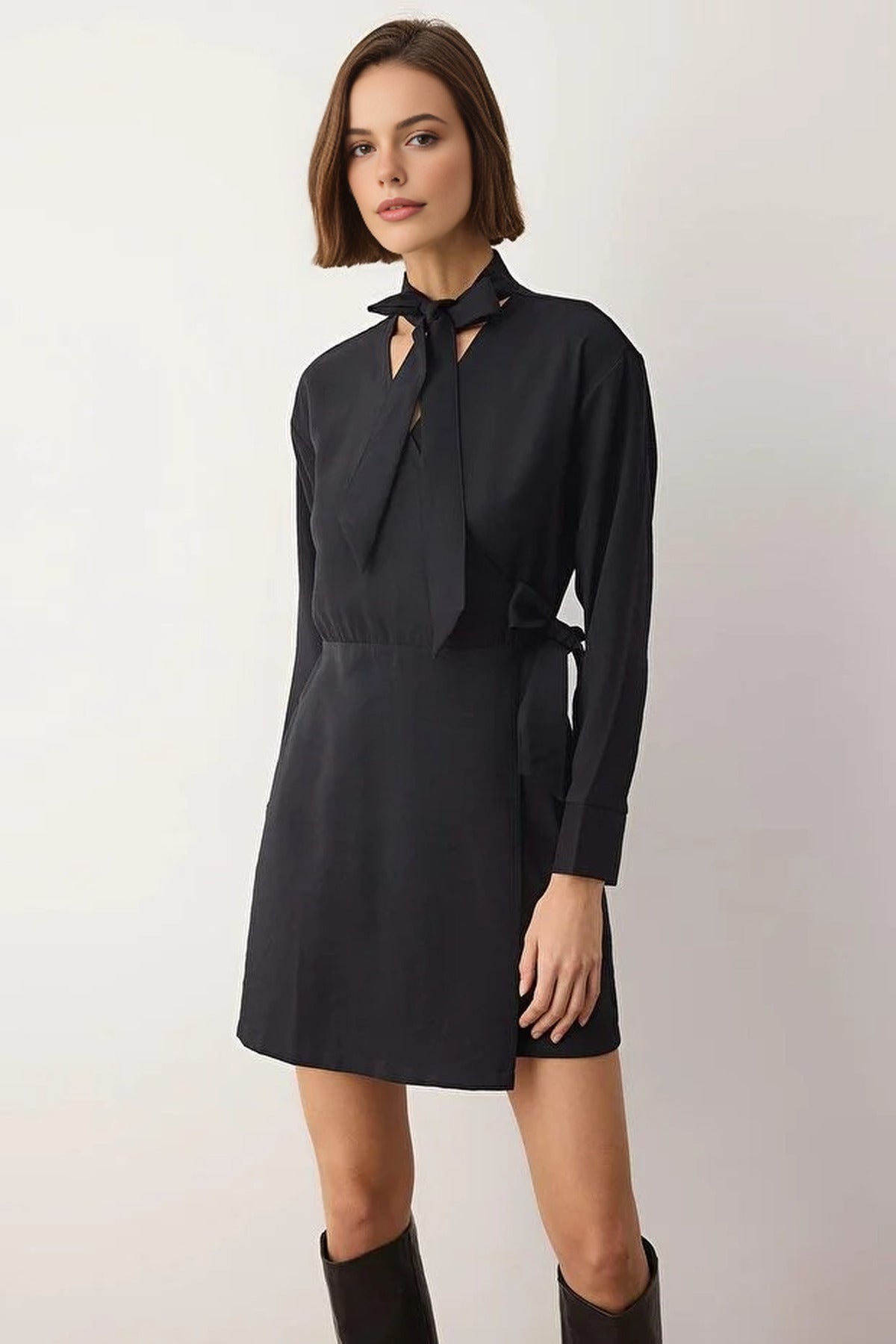 Woven Mini Dress with Tie Neck Detail