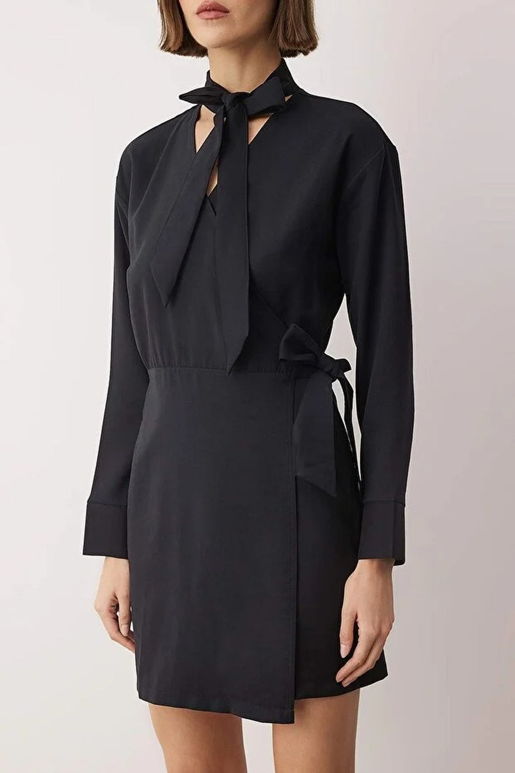 Woven Mini Dress with Tie Neck Detail