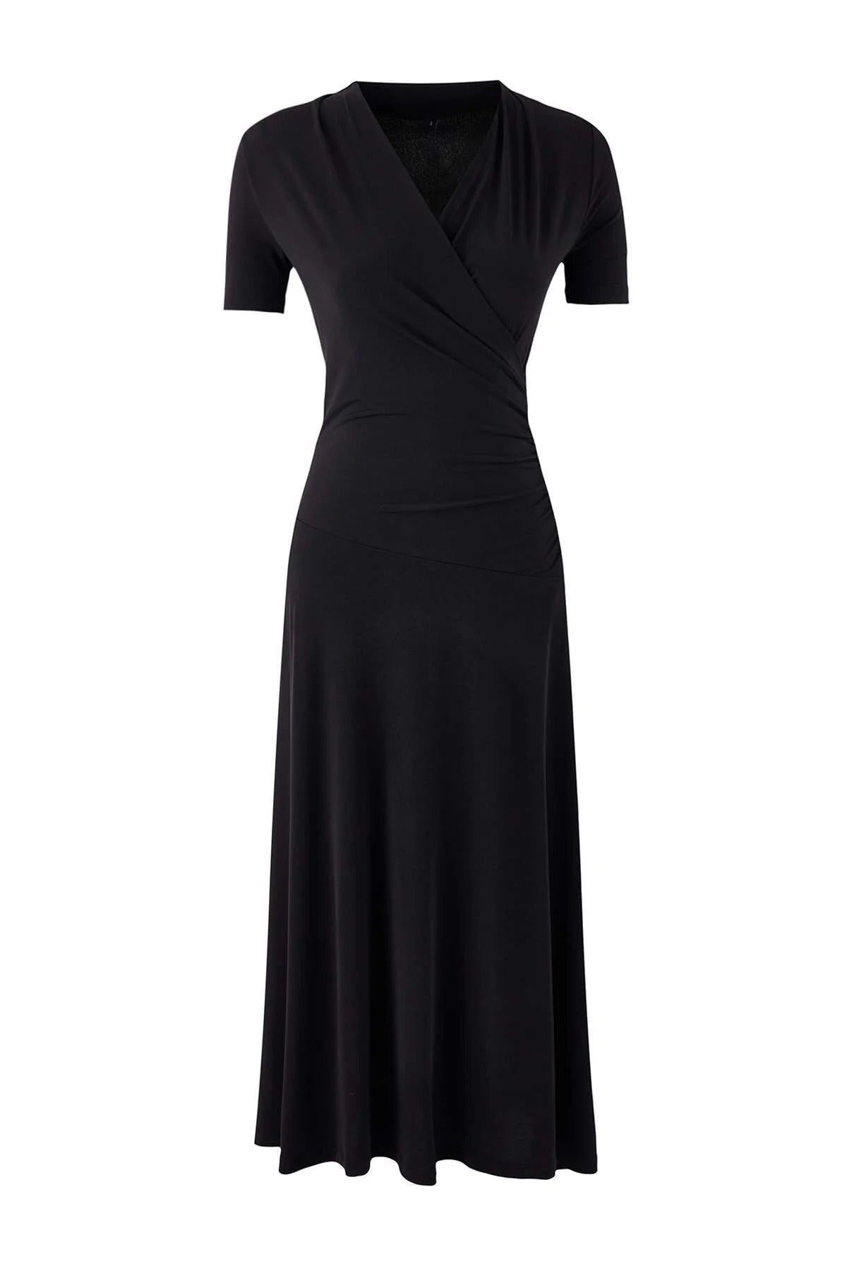 A-Line Wrap Short-Sleeved Ruched Maxi Stretch Knit Dress