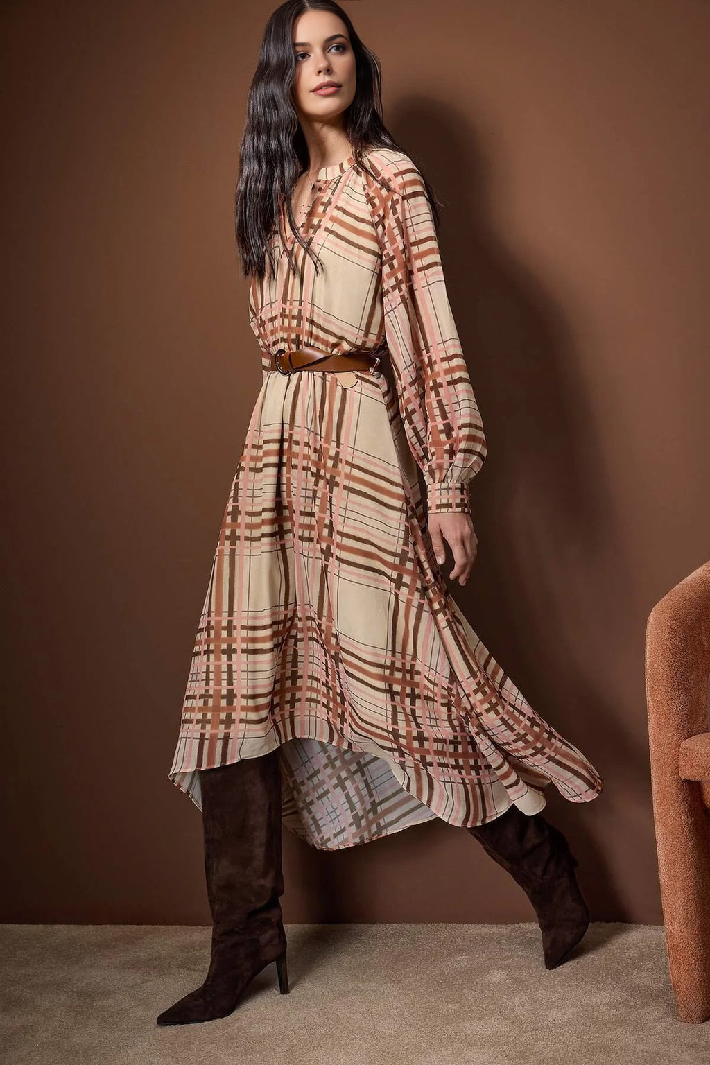 Argyle Belted Midi Lined Woven Dress