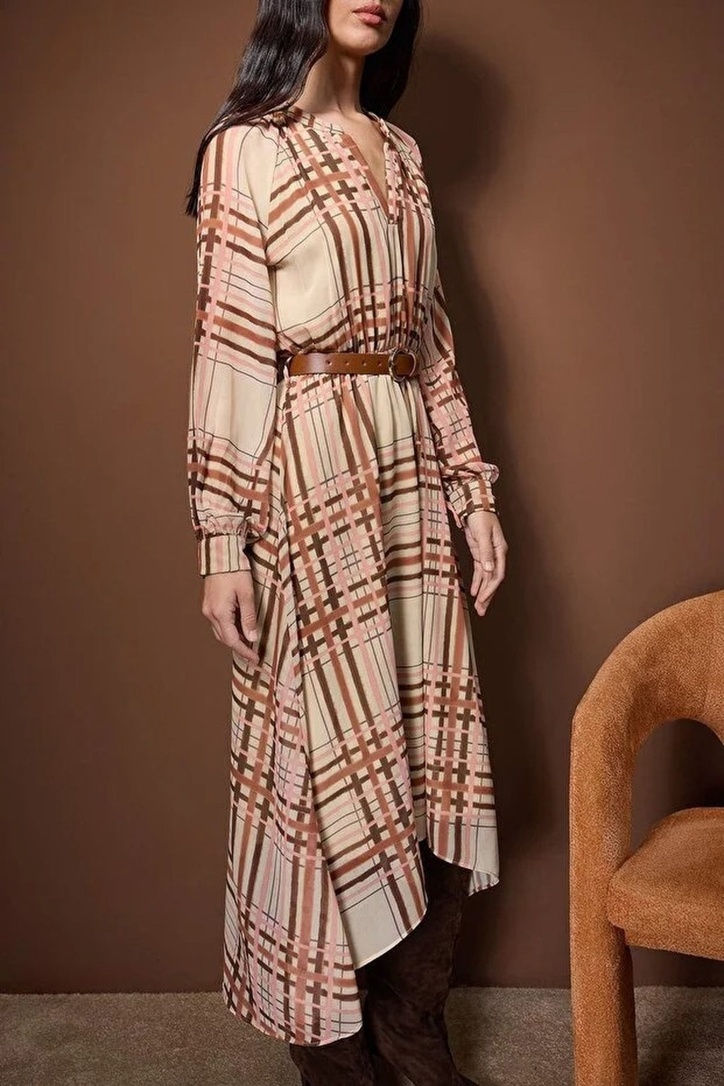 Argyle Belted Midi Lined Woven Dress