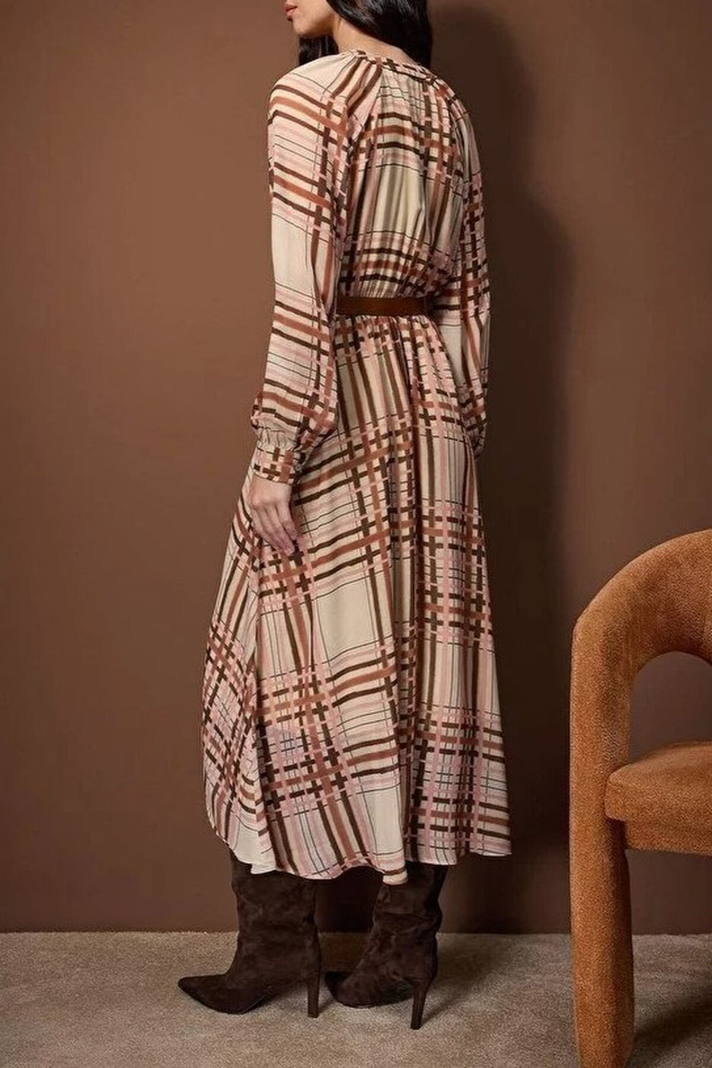Argyle Belted Midi Lined Woven Dress