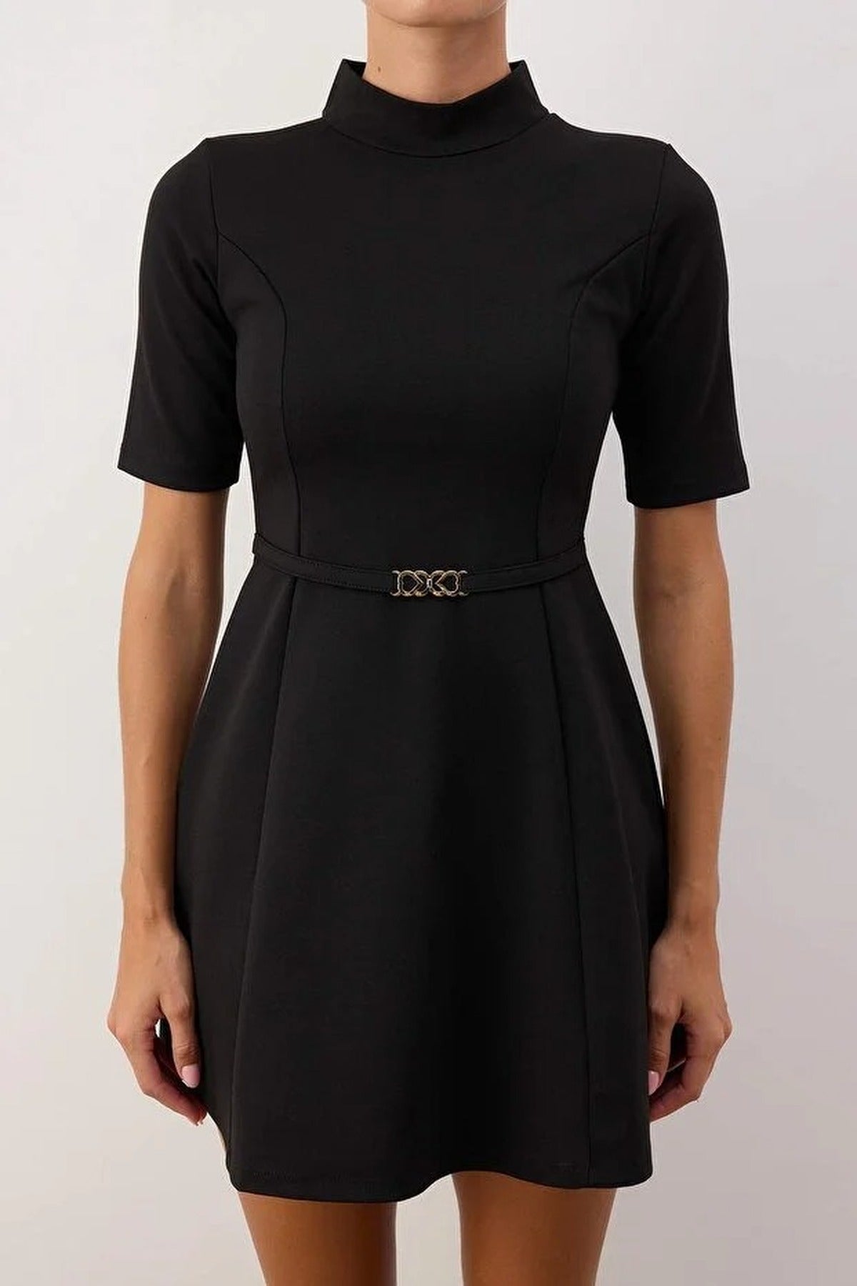 High Neck Belt Detail Skater Mini Knit Dress