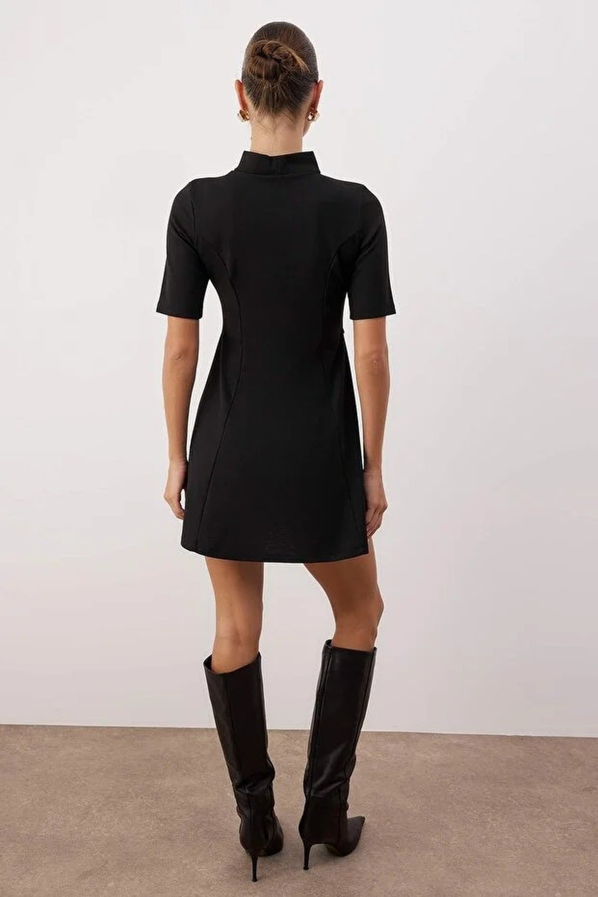 High Neck Belt Detail Skater Mini Knit Dress