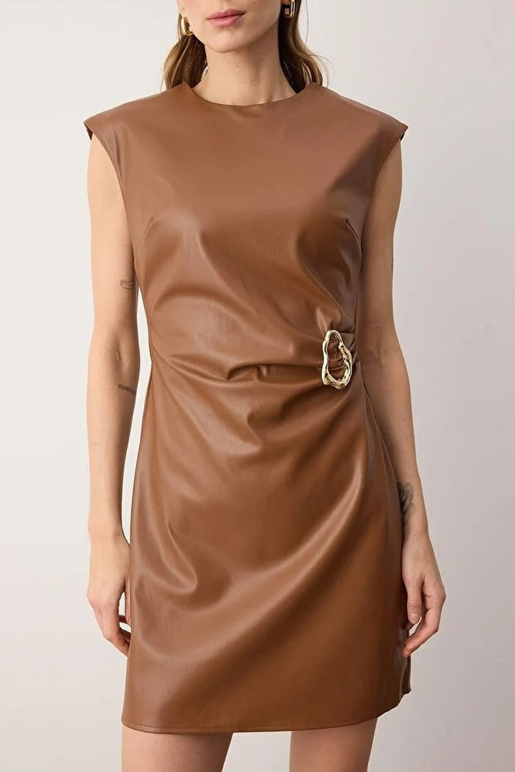 Faux Leather Accessory Detailed Mini Woven Dress
