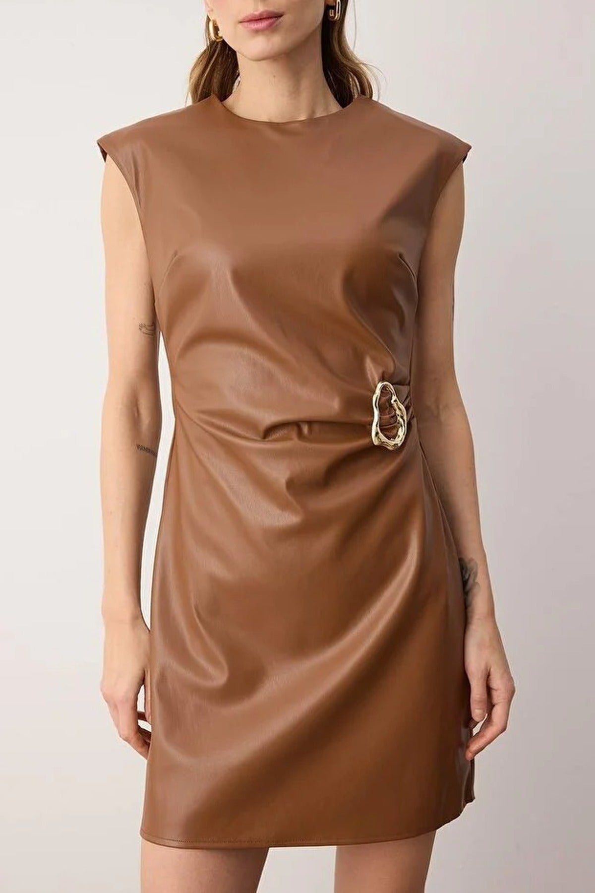 Faux Leather Accessory Detailed Mini Woven Dress