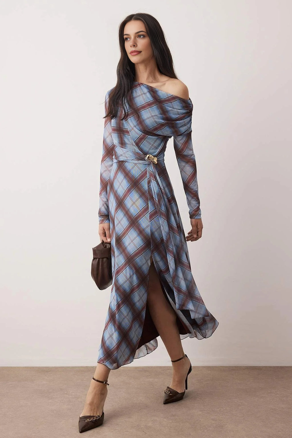 Lined Tulle Asymmetrical Maxi Knit Dress with Slit and Accessory Detail