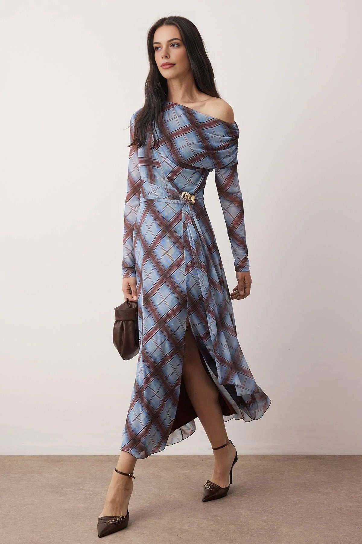 Lined Tulle Asymmetrical Maxi Knit Dress with Slit and Accessory Detail