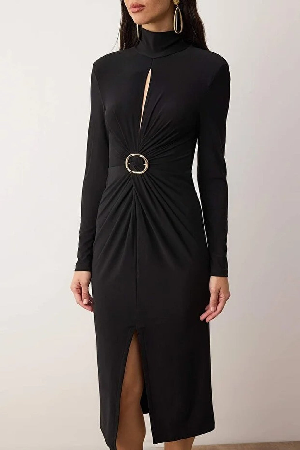 Knitted Midi Unlined Evening Dress with Cut Out Accessory Details