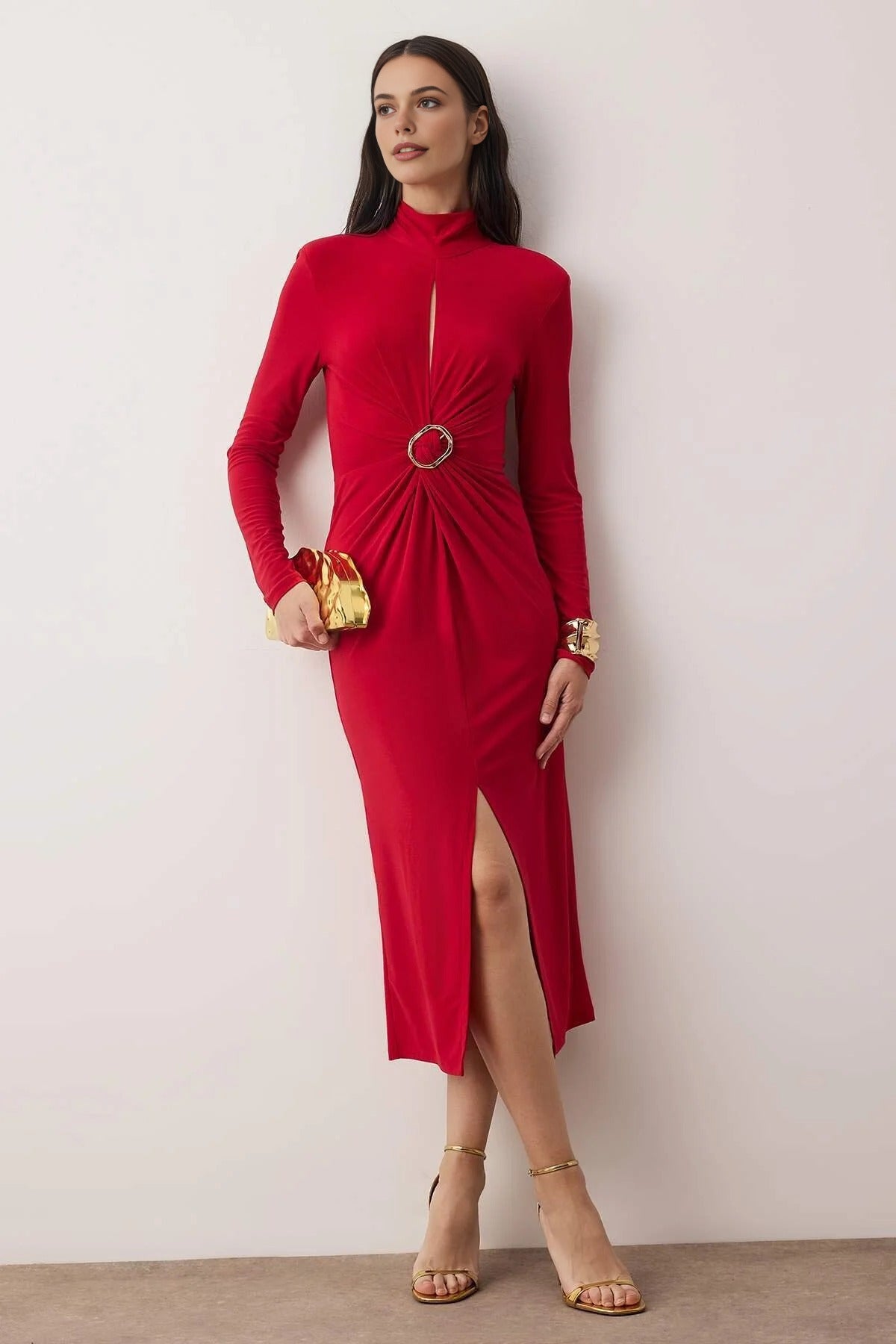 Knitted Midi Unlined Evening Dress with Cut Out Accessory Details