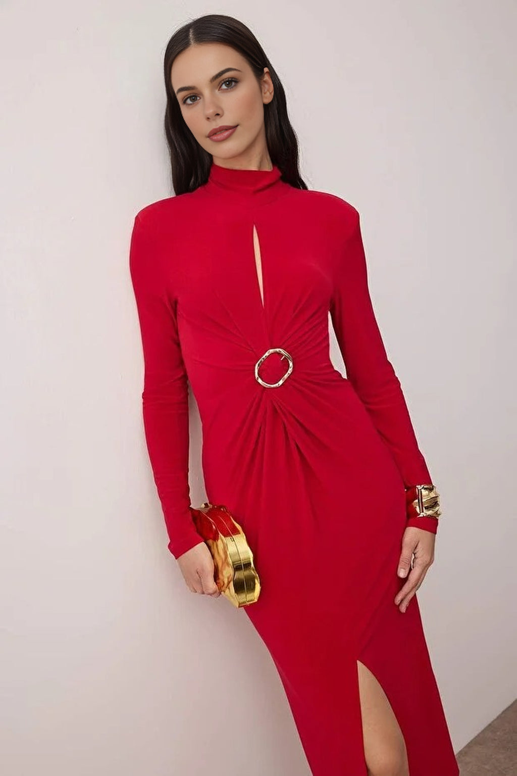 Knitted Midi Unlined Evening Dress with Cut Out Accessory Details