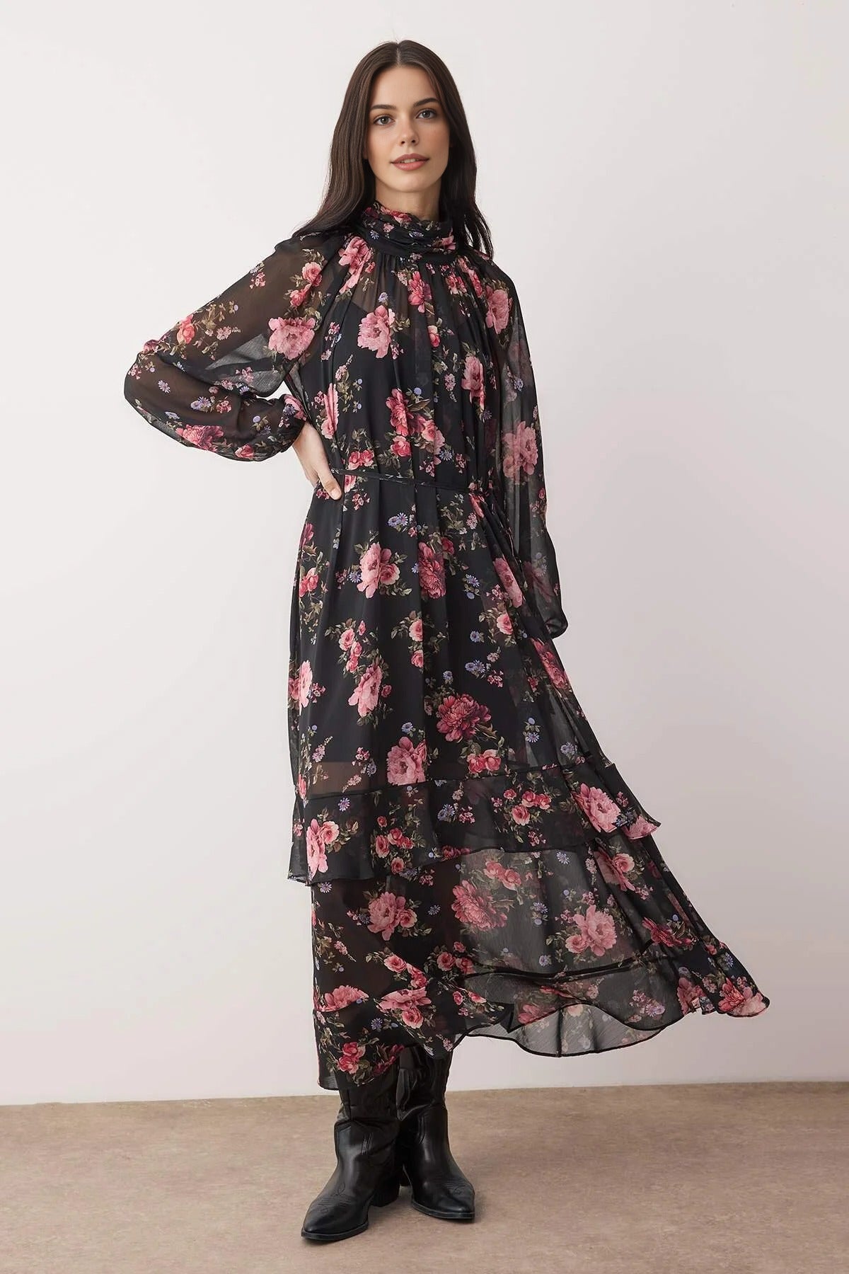 Floral Maxi Lined Chiffon Woven Dress