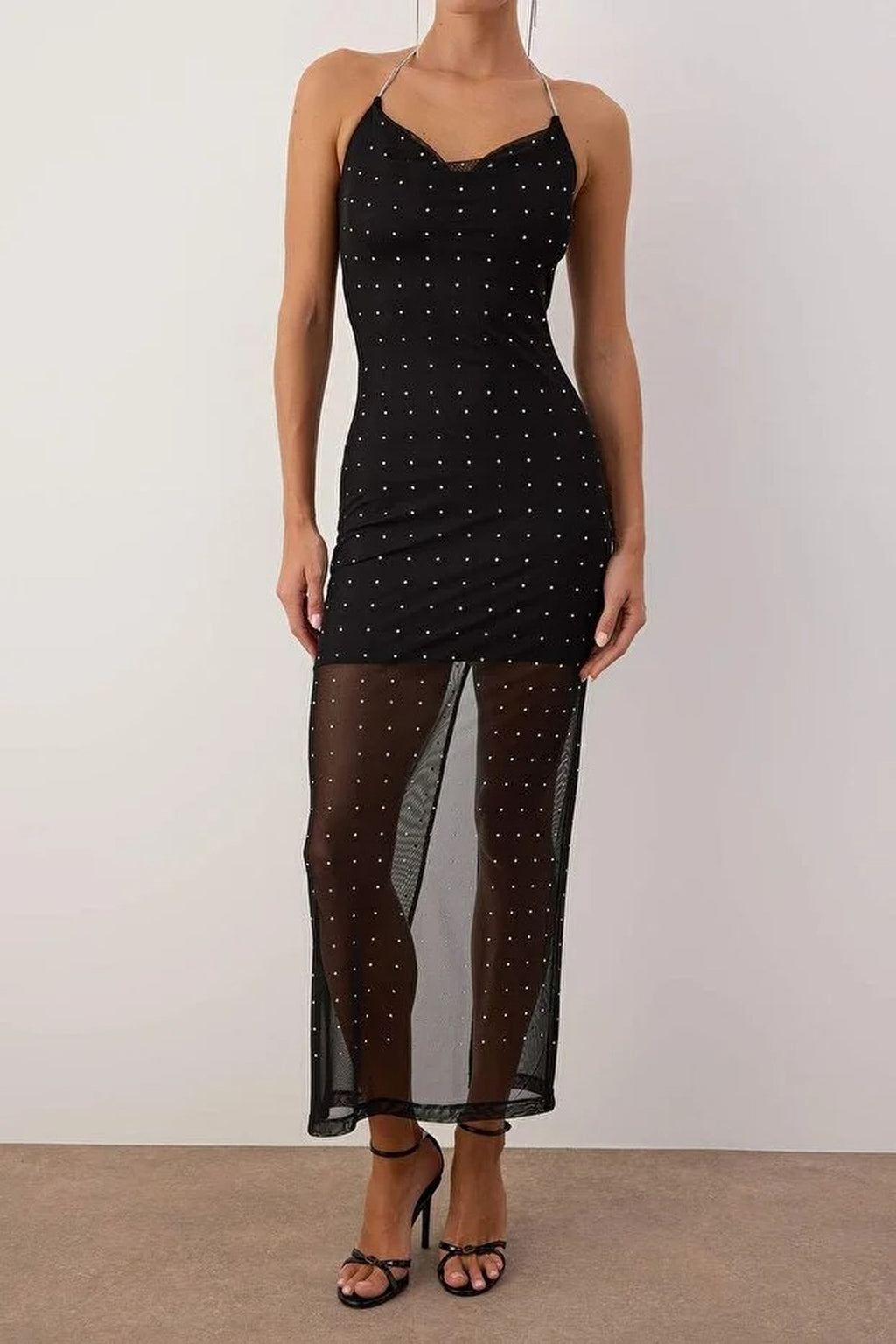 Stone Print V-Neck Tulle Maxi Dress with Lining