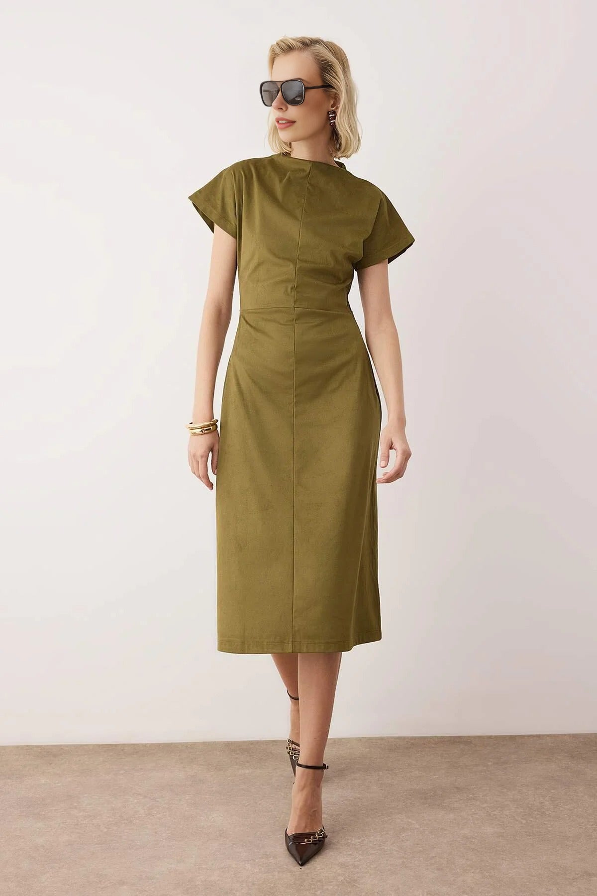 Gathered Midi A-Line Suede Knit Dress