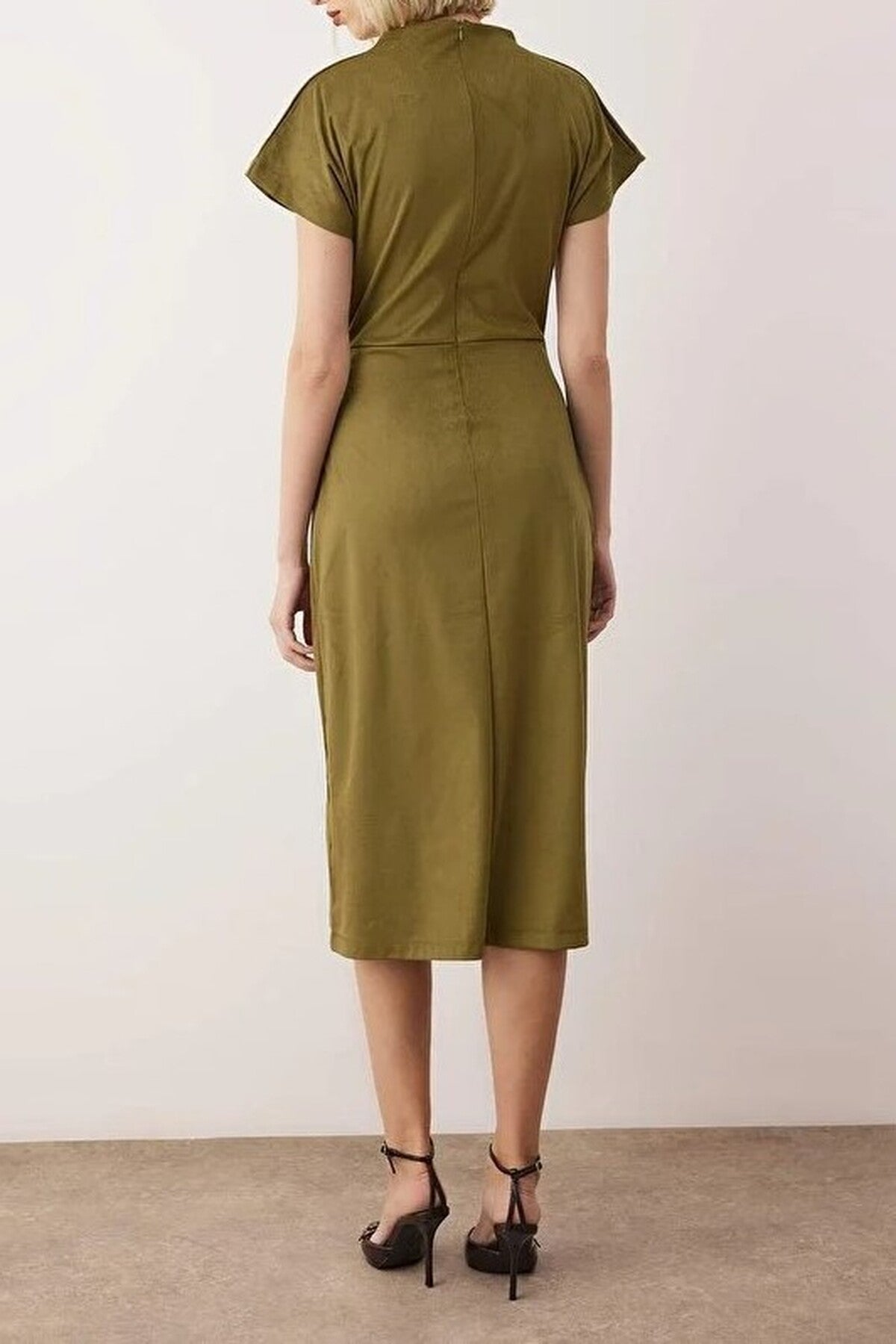 Gathered Midi A-Line Suede Knit Dress