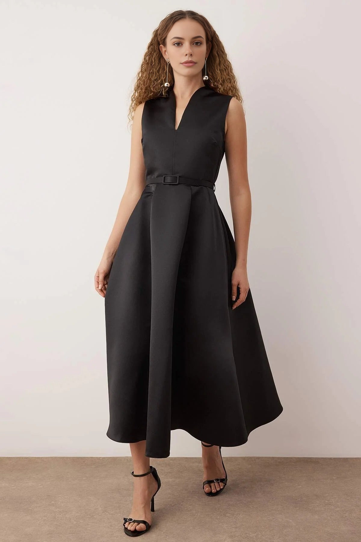 Belted V-Neck Satin Maxi Evening Dress