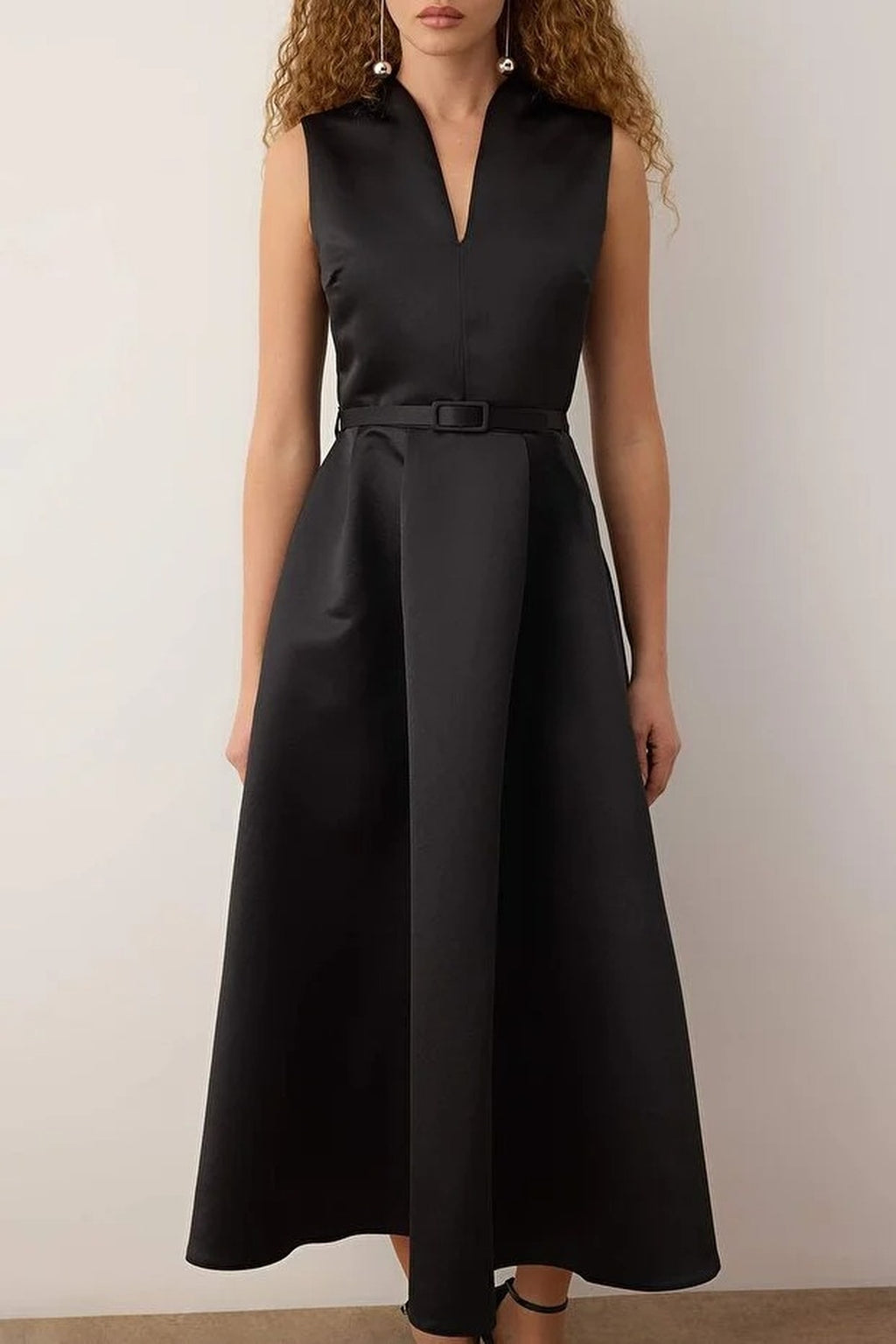 Belted V-Neck Satin Maxi Evening Dress